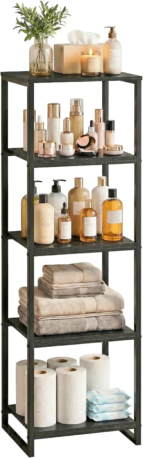 5-Tier Bathroom Shelving Unit, 47" H Narrow Open Floor Shelves, Metal Corner Slim Storage Rack for Bathroom Laundry Room Kitchen Living Room, Black