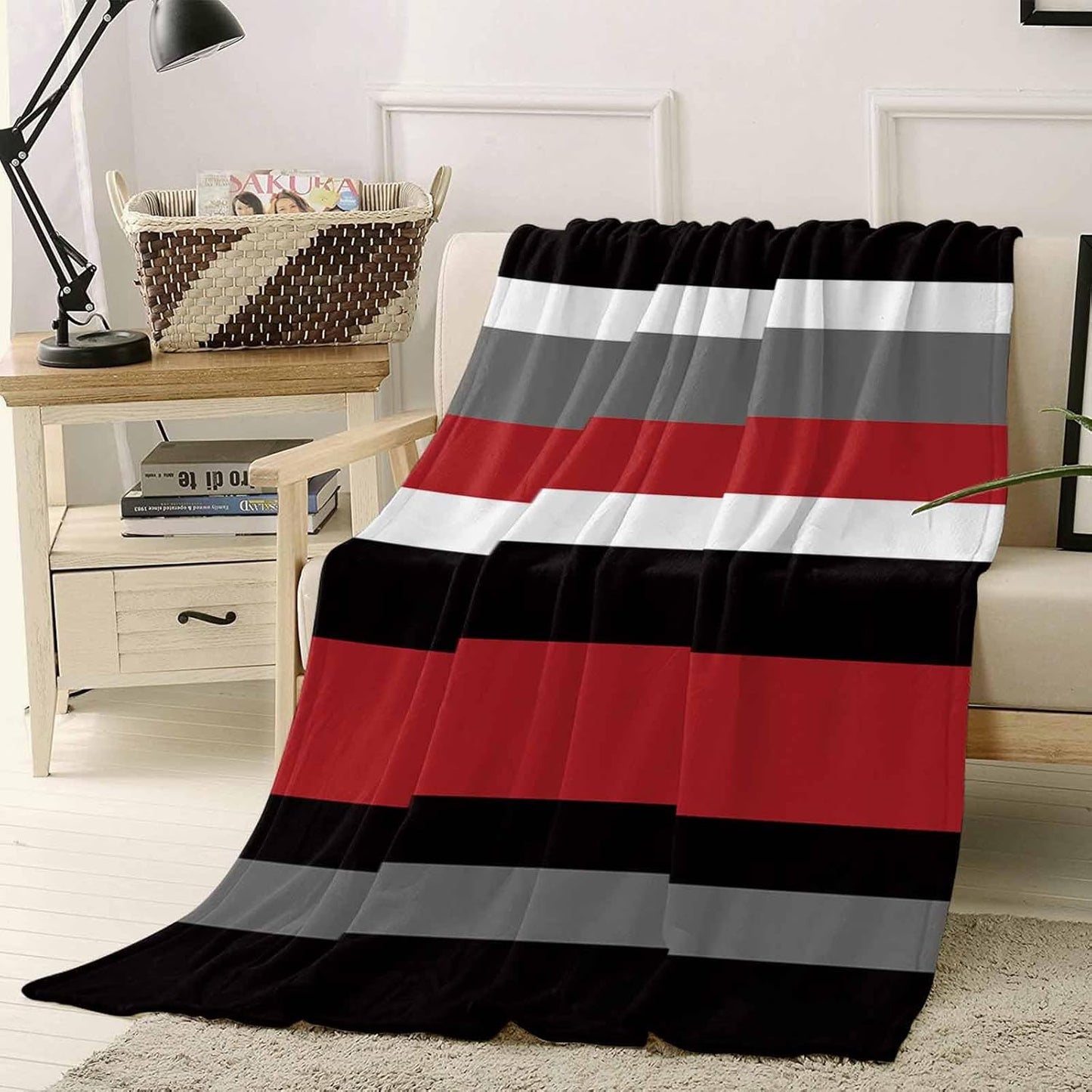 Red Black Stripes Throw Blanket, Geometric Striped Super Soft Warm Flannel Blankets for Bed Couch Sofa Lightweight Fluffy Plush Absract Bed Throws 50x60 Inch
