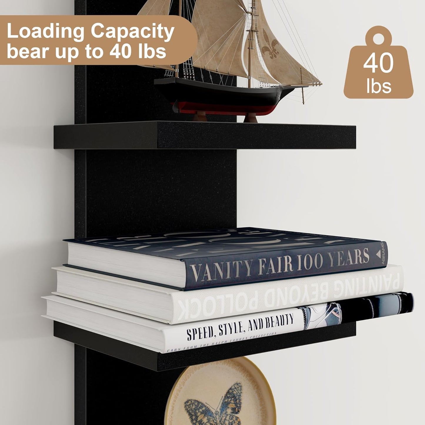 Fun Memories 5 Tier Wall Shelf Unit, Decorative Wall Mount Vertical Shelving, Floating Storage Home Decor Organizer Tall Tower Design Utility Shelving Bedroom Living Room, Black