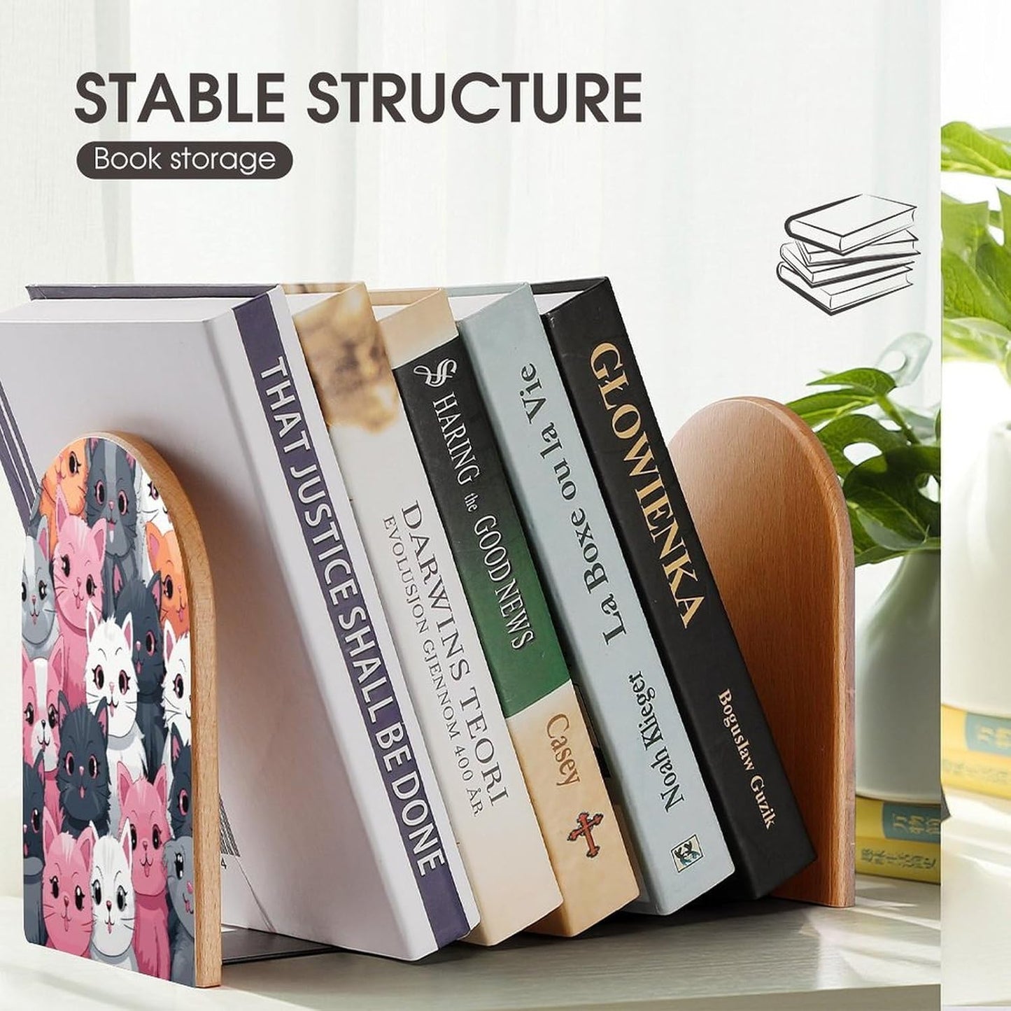 Non-Slip Bookend for Shelves Cute Kittens Wooden Bookends with Metal Base Decorative Book Stopper for Home Heavy Duty Wood Book Storage for Books/CDs
