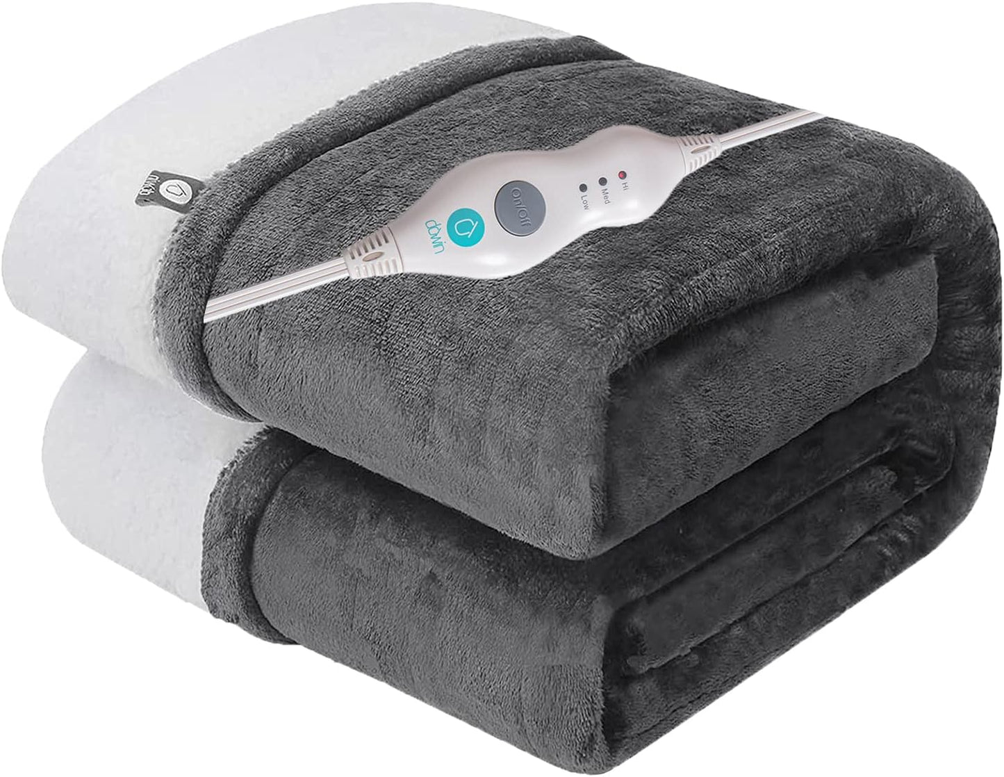 Dowin Electric Blanket Throw,Flannel & Sherpa Reversible Fast Heating 50" x 60" Heated Blanket, ETL Certification with 3 Heating Levels & 4 Hours Auto Off Machine Washable Home Office Use, Grey