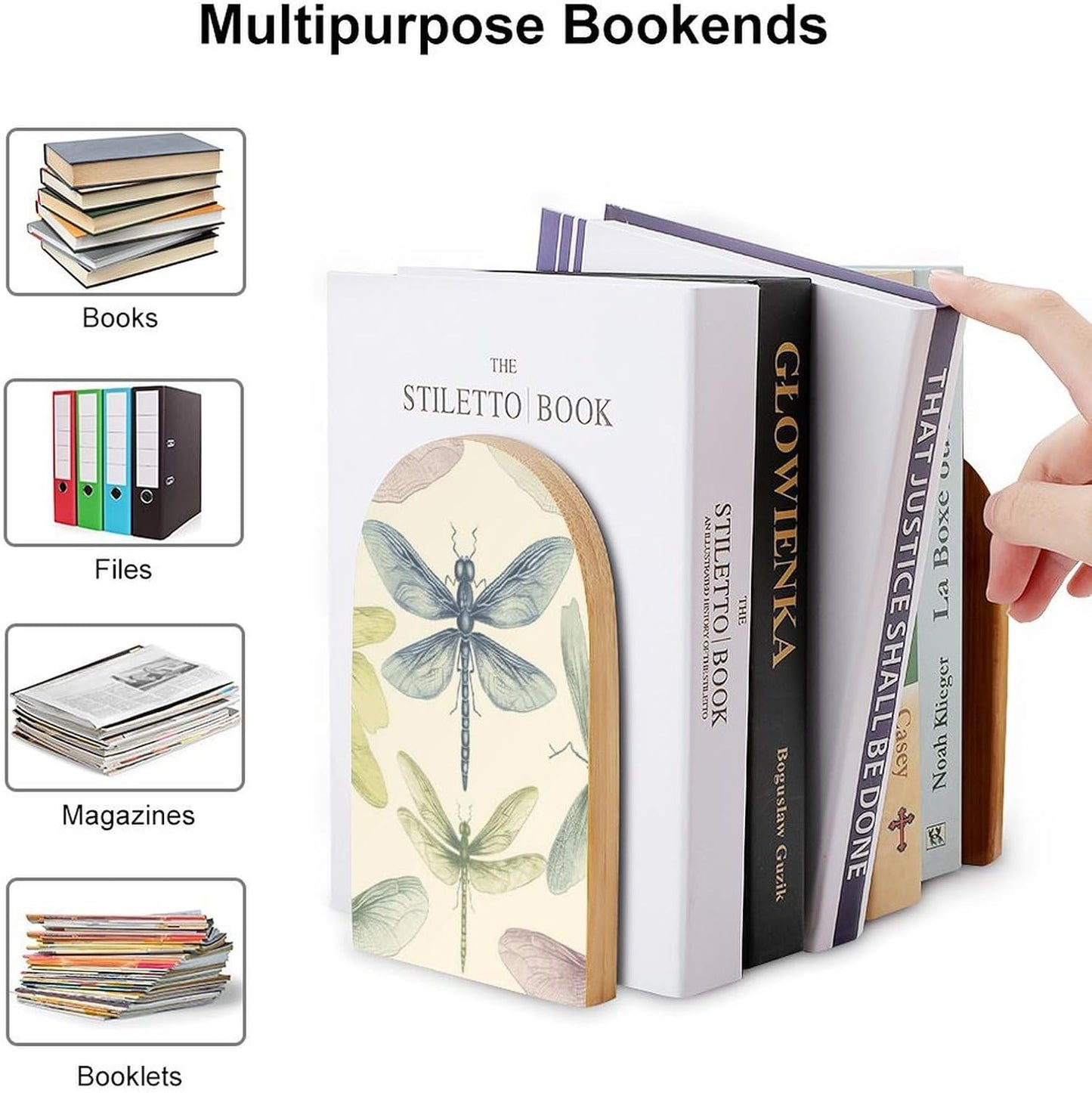 Dragonfly Drawing Bookend for Shelves Wooden Book End Large Size Sturdy Book Holders Stoppers with Metal Base for Bookshelves Slick Decorative Bookends Stands