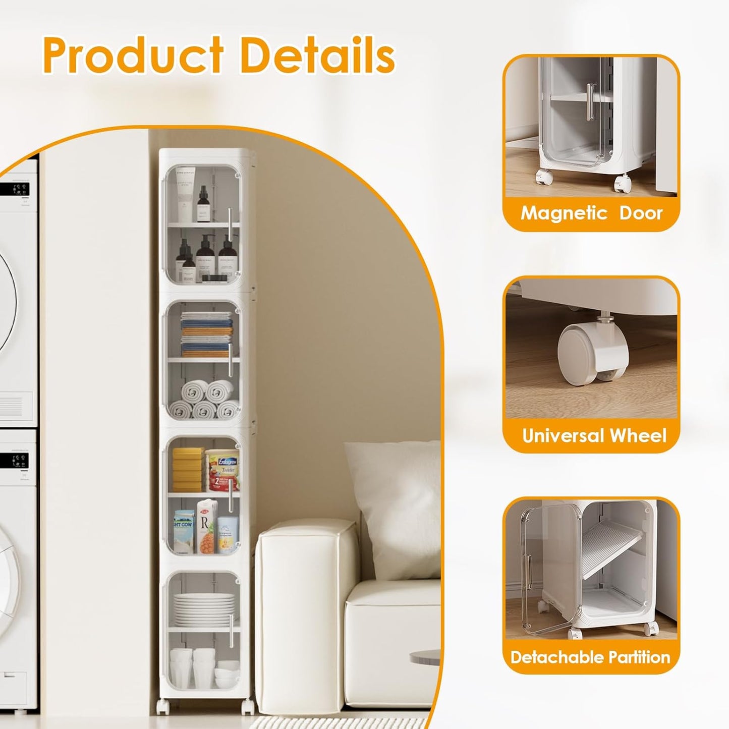 HIYOHIYO 4-Tier Tall Narrow Bathroom Storage Cabinet with Movable and Locking Wheel Design, Slim Storage Cabinet with Adjustable Shelves for Small Space and Kitchen Narrow Spaces, White (Width 8.5")