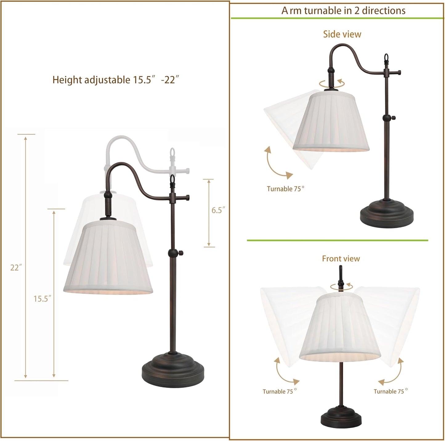 Farmhouse Table Lamps for Living Room, Vintage Swing Arm Desk Lamp with Adjustable Height, Industrial Bedside Reading Pleated Light for Bedroom, E26