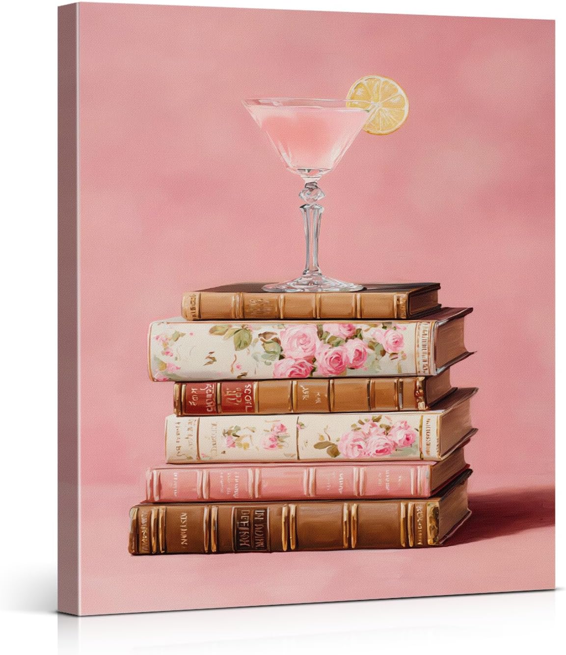 Pink Cocktail Books Wall Art Print - Preppy Stack of Books Canvas Poster Painting - Bookish Girly Wall Decor for Home Reading Nook Dorm 8x10 Inch Framed