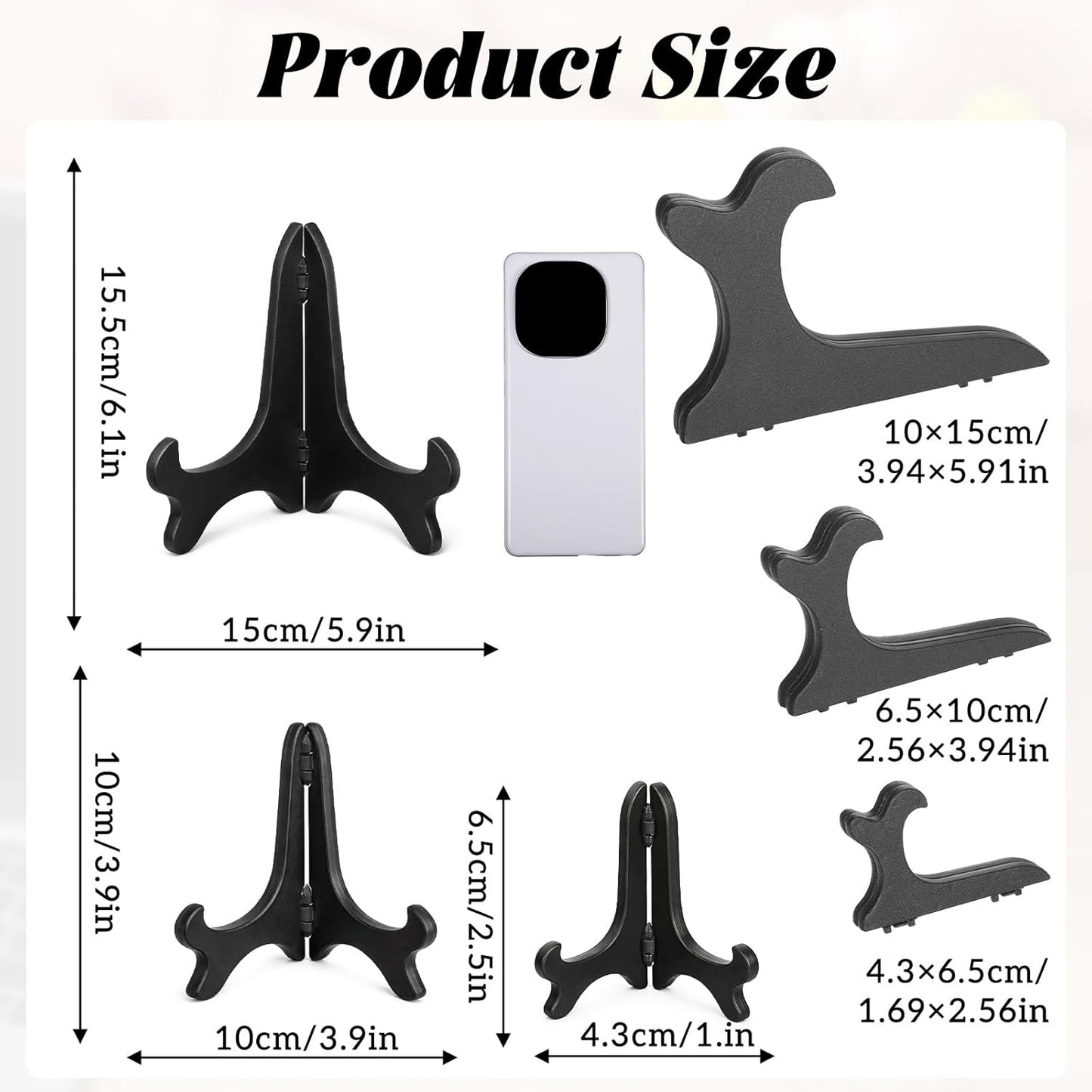 3 Pack Plastic Frame Holder Stand, 3 Size Black Plate Display Stand, Foldable Picture Stands for Display Platter, Dish, Book, Photo