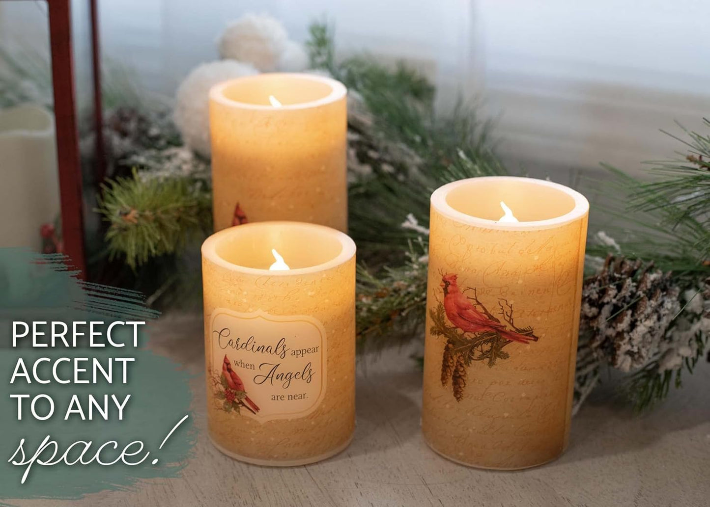 Elanze Designs Cardinal Birds and Angels Red 6 inch Wax LED Flameless Pillar Candles Set of 3
