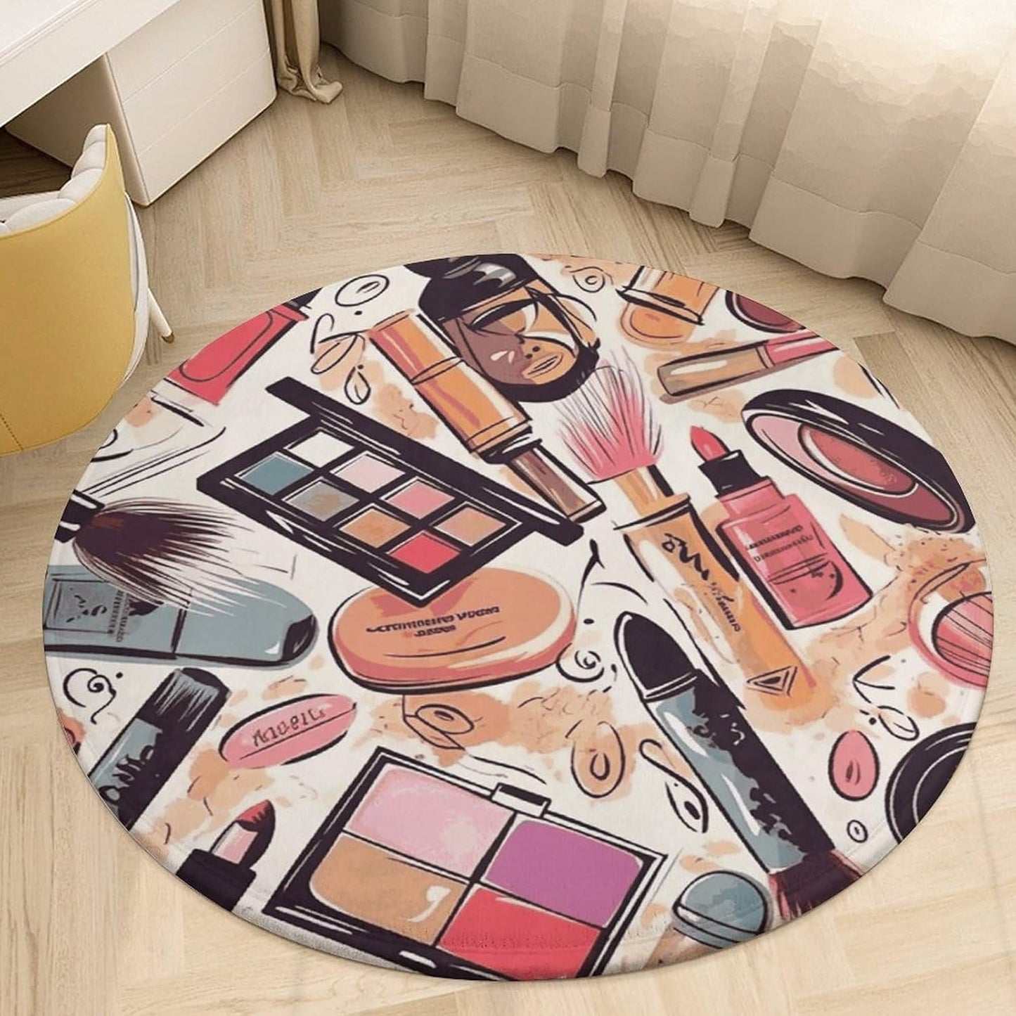Cosmetic and Makeup Theme Pattern Circle Rug Retro Luxury Coral Velvet Floor Mat Non Slip Soft Indoor Floor Carpet Comfy Thickened Area Rugs Modern Aesthetic Minimalist Carpets for Home Decor