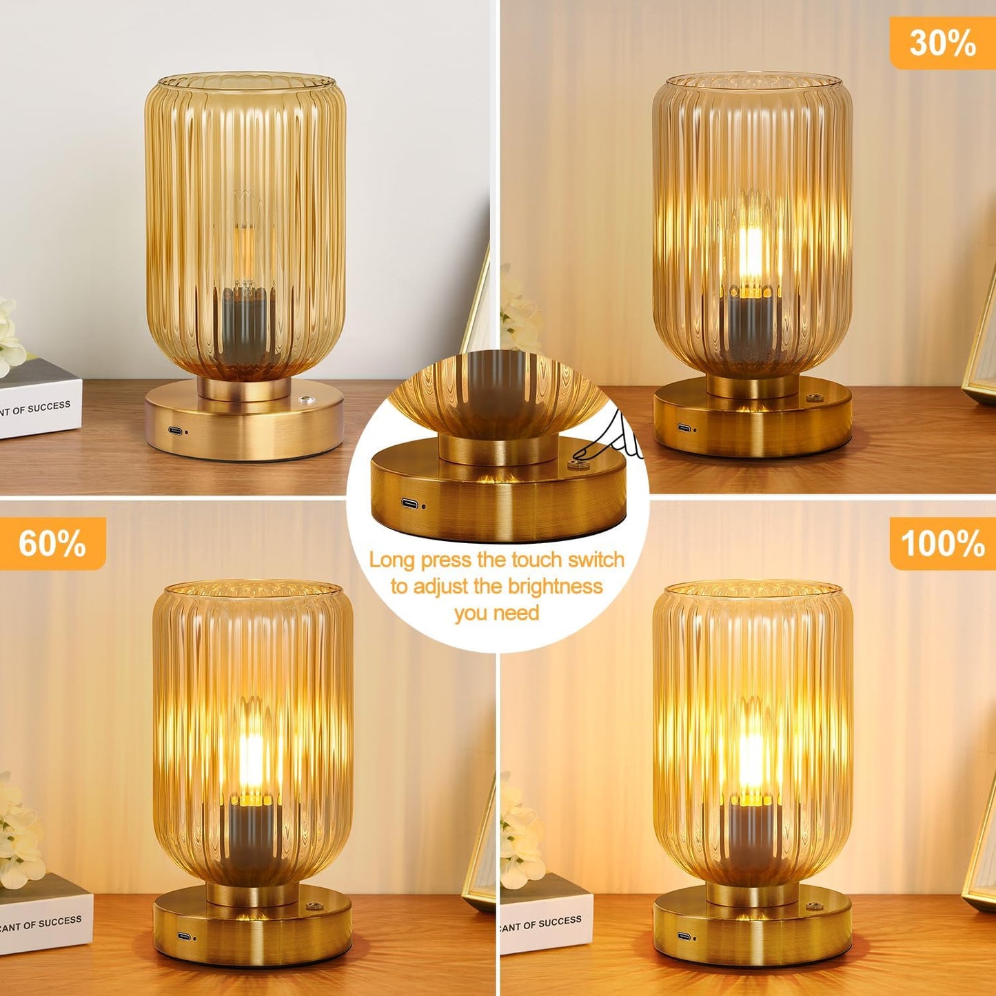 Table Lamp for Bedroom, Cordless Small Bedside Lamp, Touch Dimmable Rechargeable Lamp Battery Operated with Amber Glass Shades for Night Stands, Living Room, Desk, Bulb Included