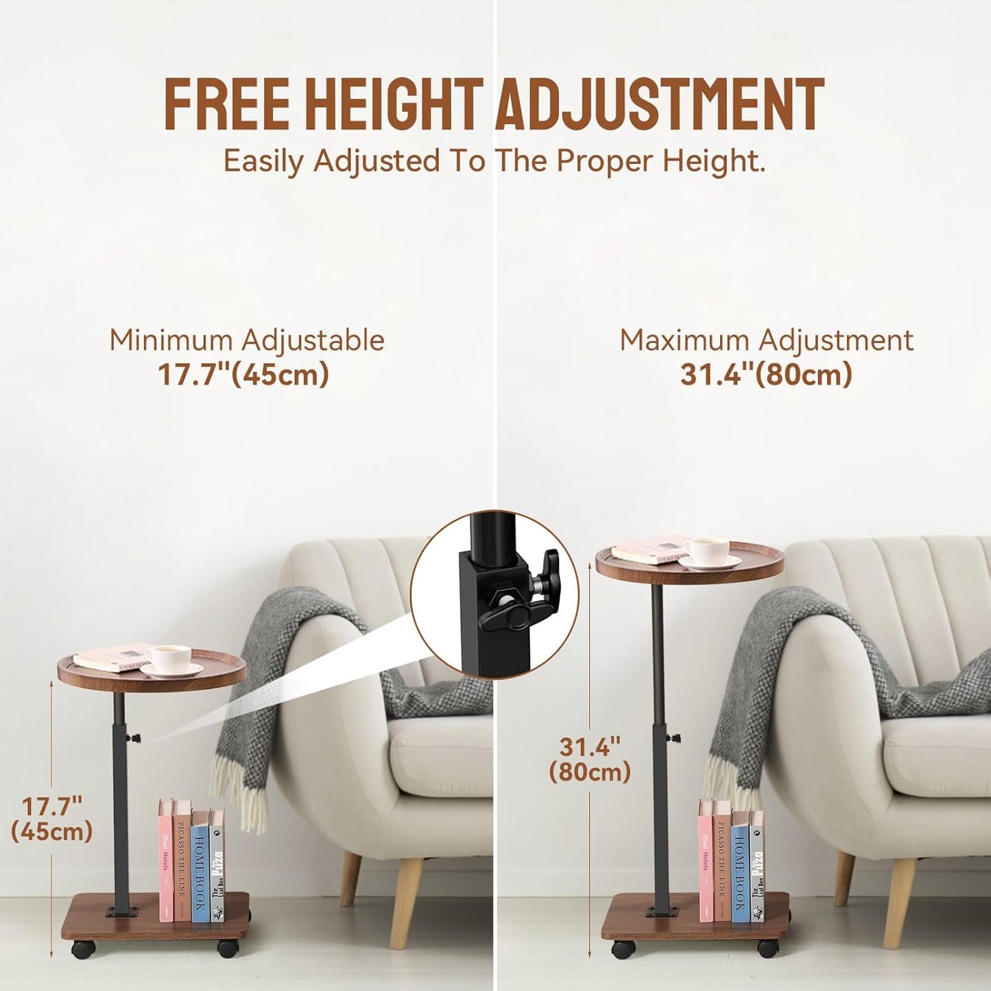 Adjustable C Shaped Side Table, C Table End Table with Wheels for Sofa, 360° Swivel Sofa Table for Livingroom,Bedroom,Study and Small Spaces,Bedside Table (Round,Walnut Wood)