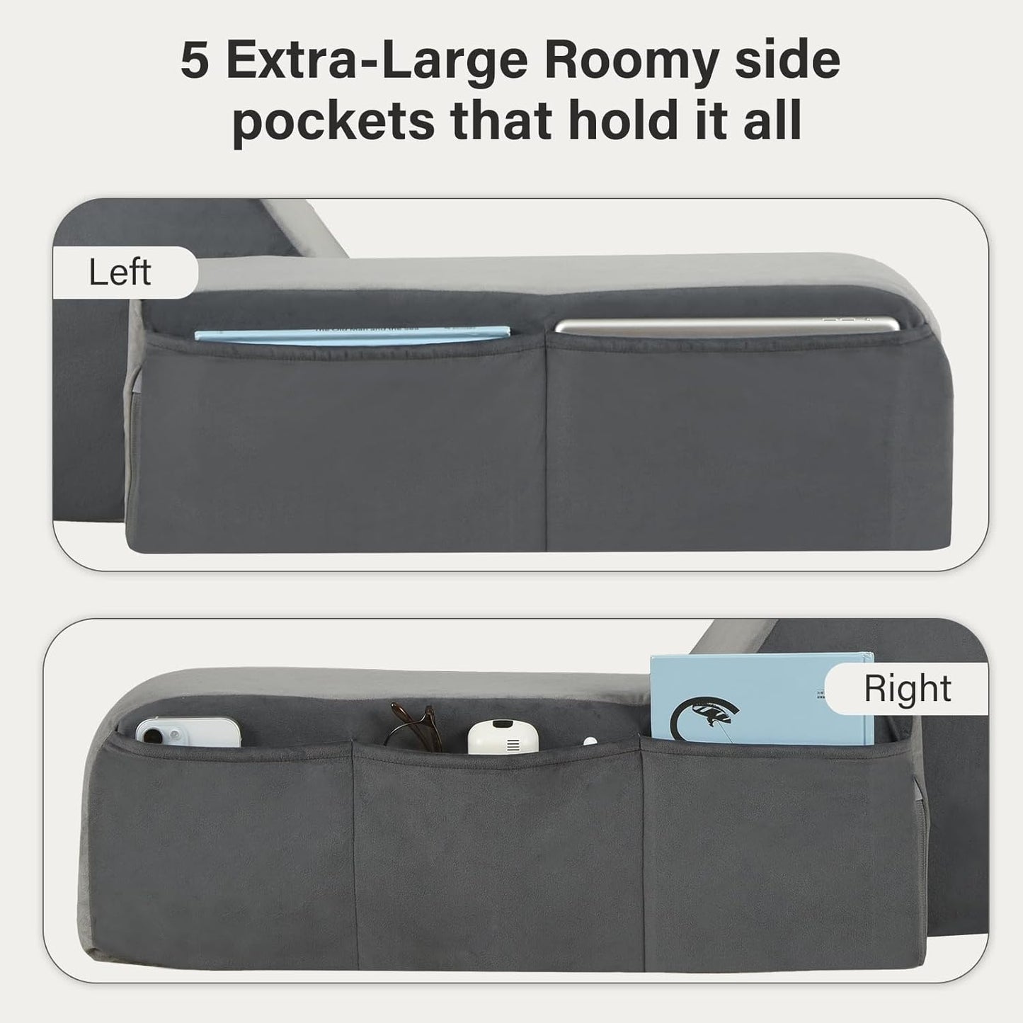 Vekkia 25" Extra-Large Reading Pillow for Tall Adults – 60° Ergonomic Wedge Back Pillow with Built-in Armrests, Adjustable Headrest & Large Pockets – Ideal for Sitting in Bed, Reading, TV, and Gaming
