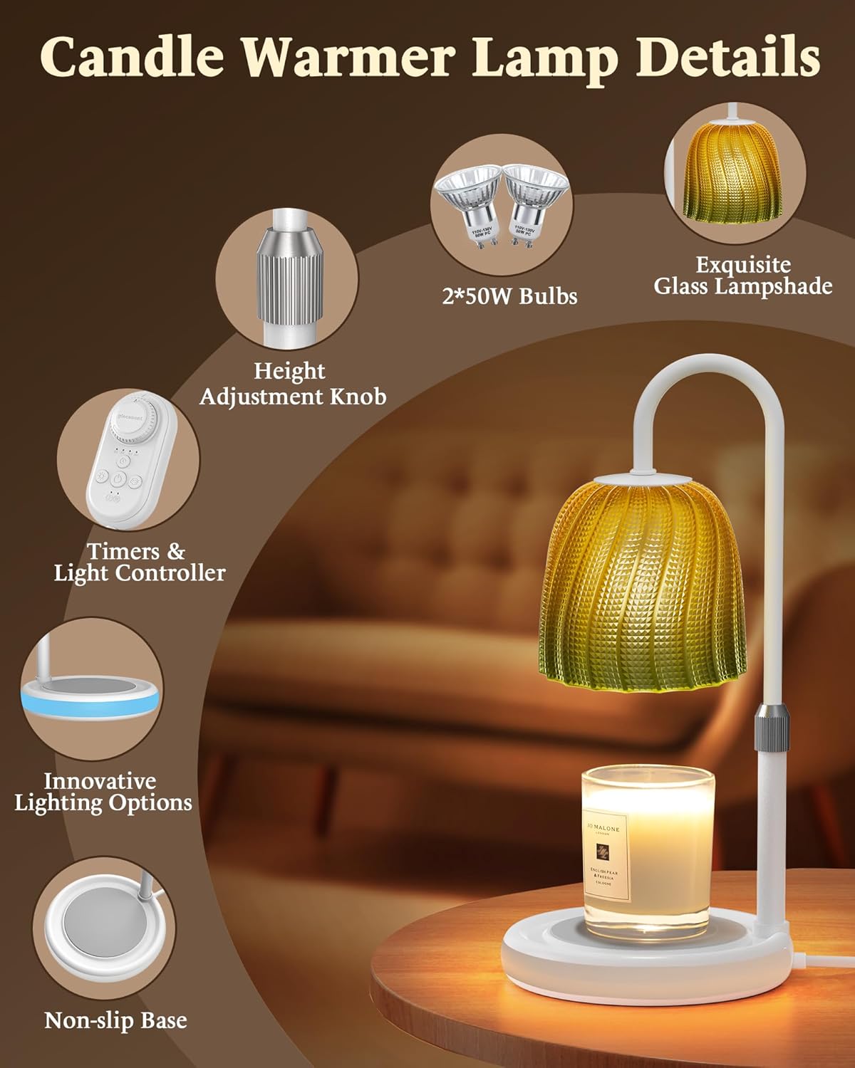 Glocusent RGB Candle Warmer Lamp with Timer, Dimmable & 7 Colors, Height Adjustable, Christmas Birthday Gifts for Mom Women Her, Wax Melt Warmer for Jar Candles, House Warming, Room Home Office Decor