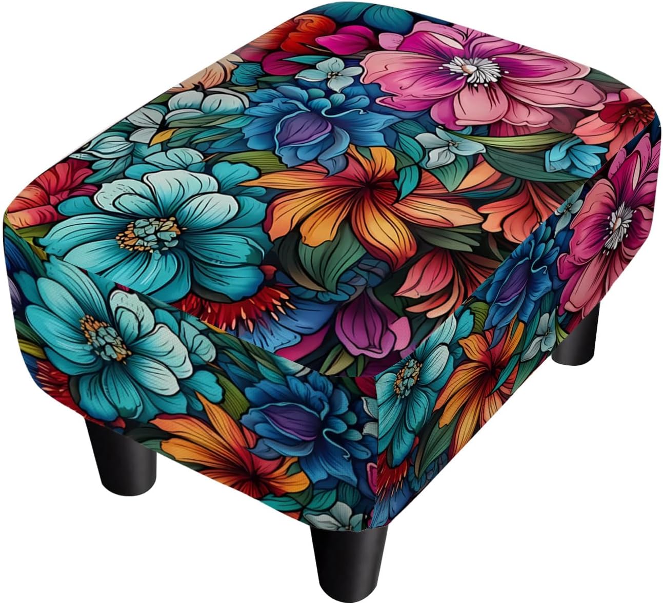 Foot Stool Linen Ottoman Foot Rest Small Footstool with Legs Vintage Floral Extra Seating for Living Room Bedroom, Flower