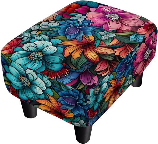 Foot Stool Linen Ottoman Foot Rest Small Footstool with Legs Vintage Floral Extra Seating for Living Room Bedroom, Flower