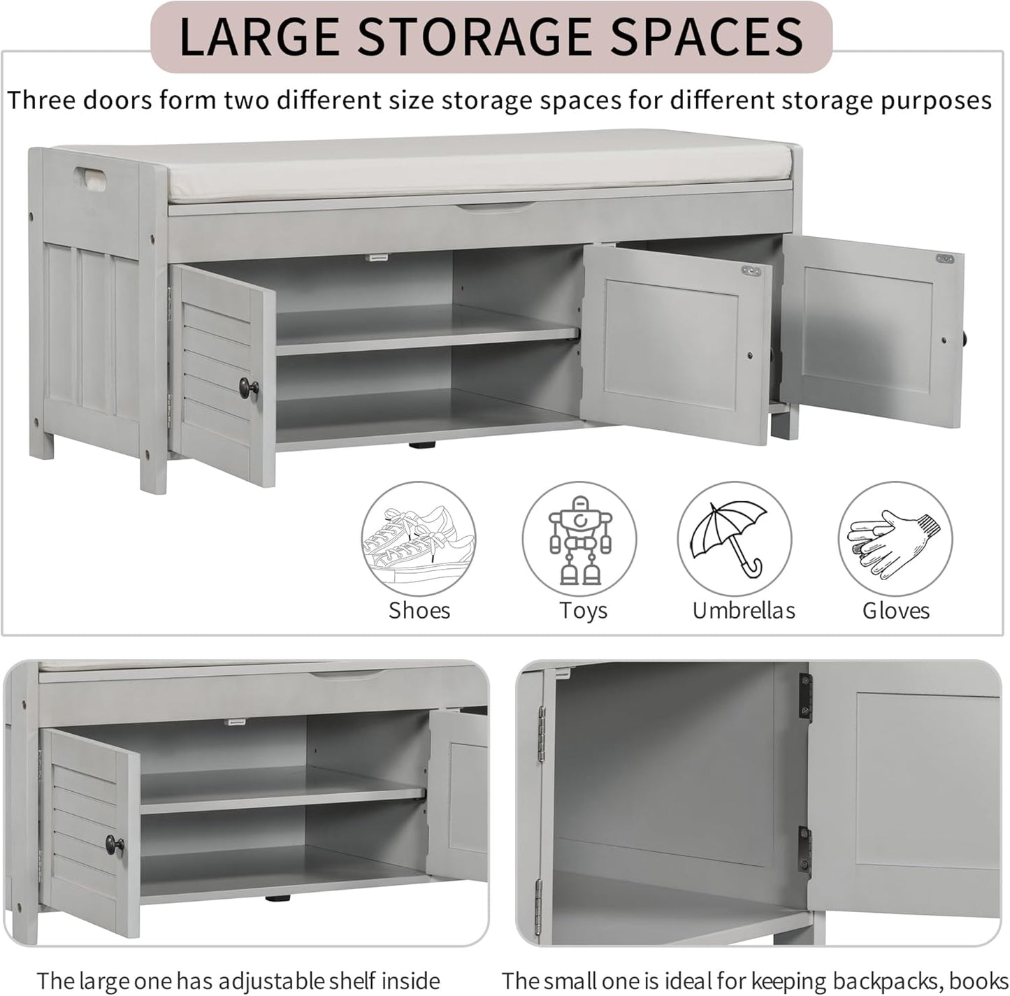 Wood Storage Bench 3 Shutter-Shaped Doors,Multifunction Shoebox,W/ 2 Size and Removable Cushion & Hidden Savings Space,for Entryway,Bedroom,Living Room,Gray Wash