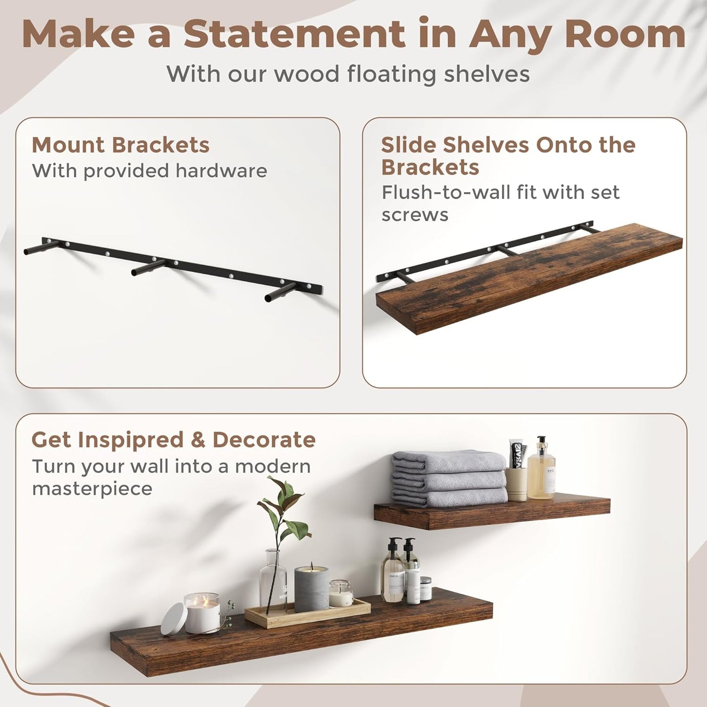 Floating Shelves for Wall with Invisible Brackets, Wall Mounted Engineered Wood Shelves with Wood Grain for Living Room, Bathroom, Kitchen Decor and Storage, Oak, 48"L Set of 2, Rustic Brown