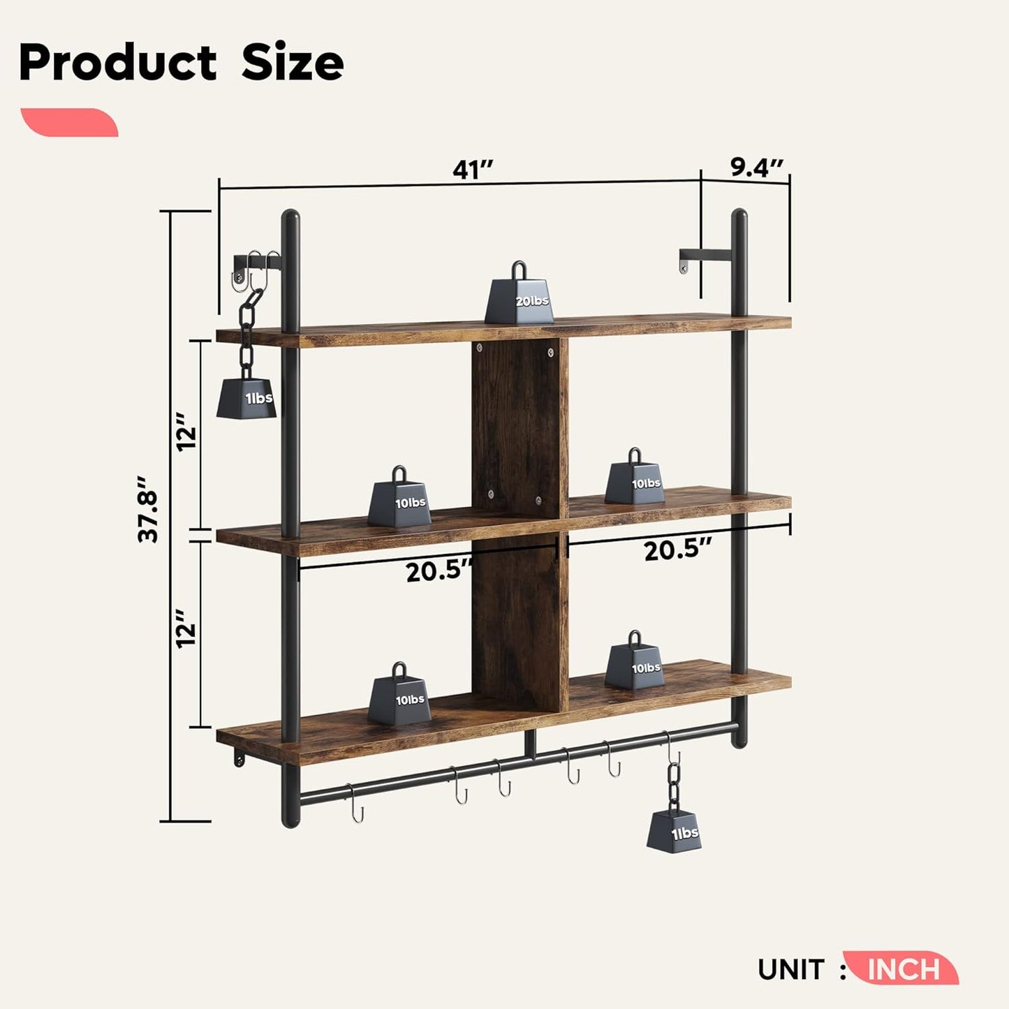 Bestier 41.5" Floating Shelves for Wall 3 Tier Kitchen Shelves Wall Mounted Coffee Bar Shelf Hanging Shelf with 8 Hooks, Industrial Display Pipe Shelving for Kitchen Living Room Bathroom, Rustic Brown