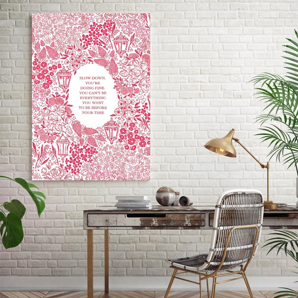 Balsuka Slow Down You're Doing Fine Music Posters Motivational Quote Pink Wall Art Vintage Floral Positive Daily Reminder Song Lyrics Canvas Print Aesthetic Office Home Decor 12x16inch Unframed