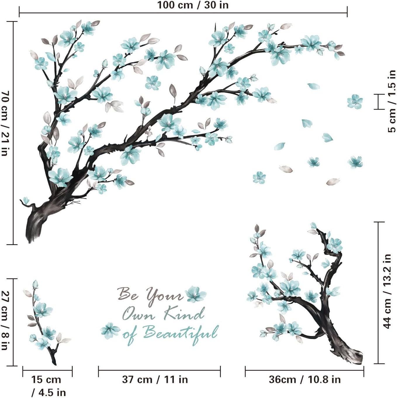 Blue Flowers Wall Stickers,Watercolor Flower Branch Wall Decals for Living Room Bedroom TV Background Office Bathroom