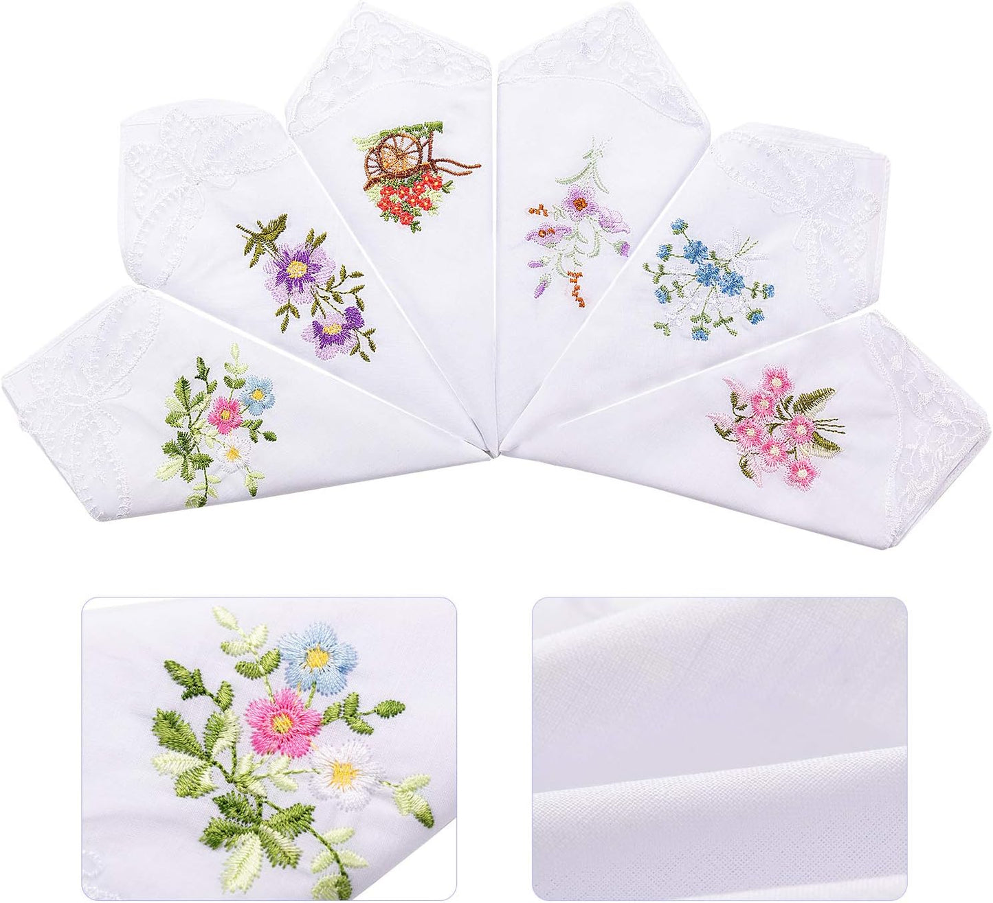 Geyoga 18 Pieces Ladies Cotton Handkerchiefs Flower Embroidered with Lace Colored Embroidered Handkerchiefs for Women Mother(Classic Styles)