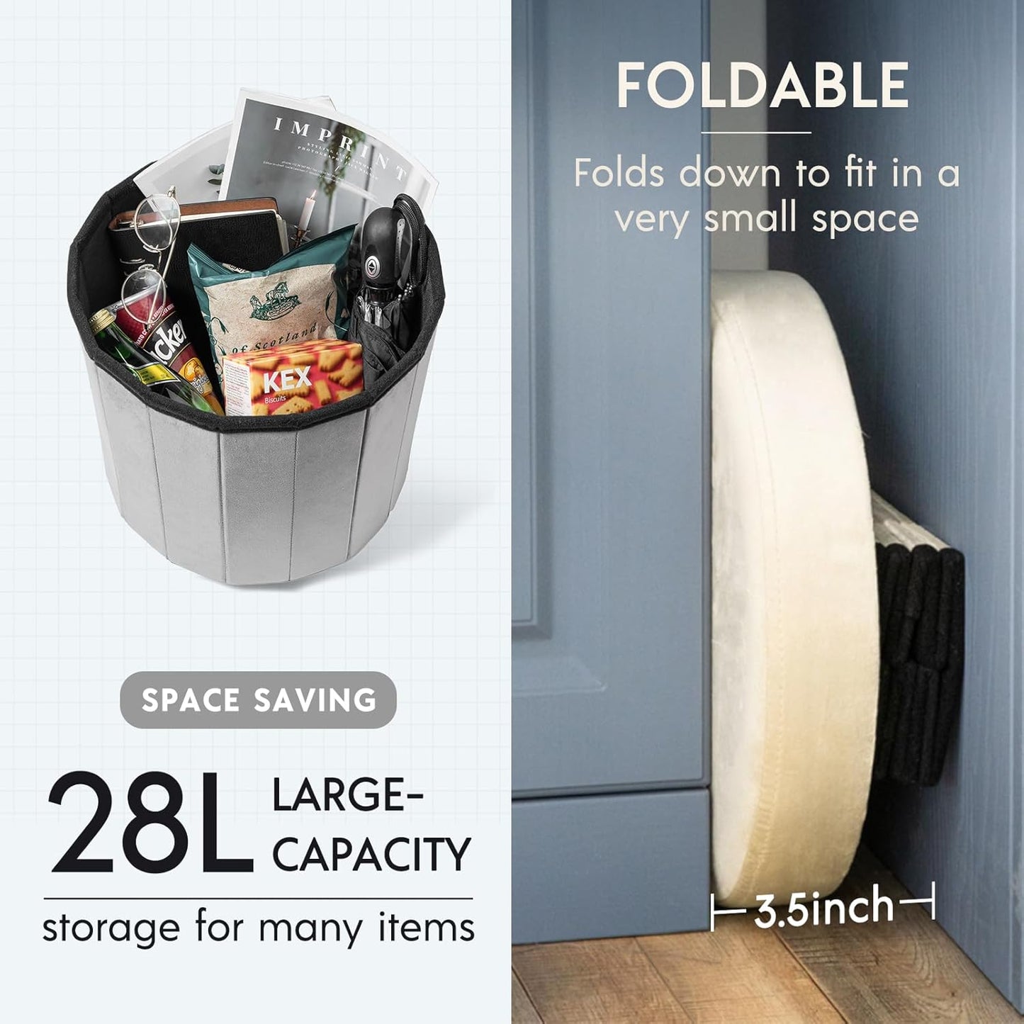 Phantoscope Storage Ottoman Round15 Inch, Velvet Folding Storage Boxes Footrest Foot Ottoman Toy Box, Padded Seat for Dorm Living Room Bedroom, Support 220lbs Off-White