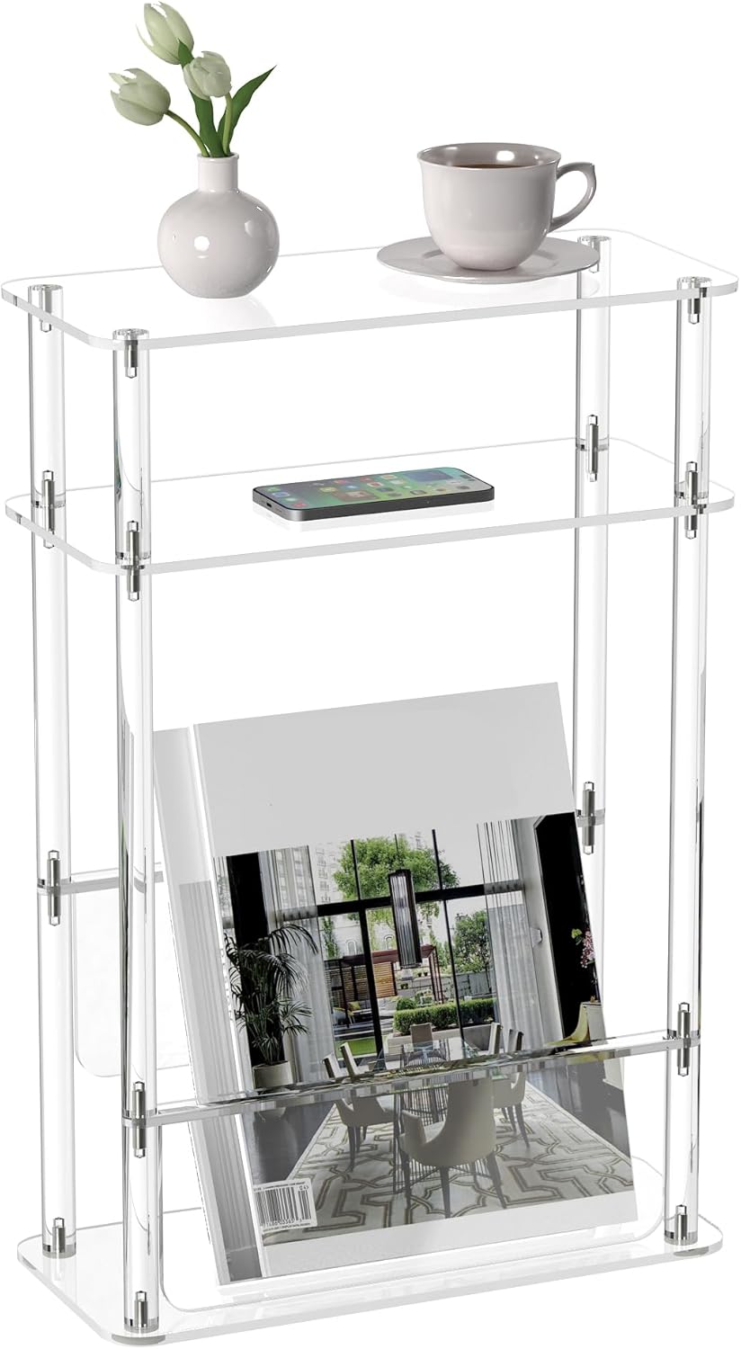 HMYHUM Acrylic Narrow End Table for Small Spaces with Magazine Holder, Slim Side Small Nightstand/Bedside Table for Living Room, Bedroom, 3 Tier, 15.7" L x 7" W x 23" H, Clear