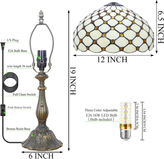 Tiffany Lamp Stained Glass Table Lamp Antique Bedside Reading Light W12H19 Inches (Cream Amber Pearl)