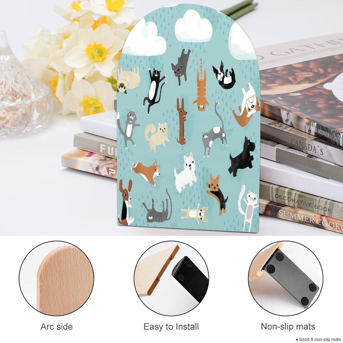Rain Cat and Dog Wooden Bookend Non-Slip Book Ends Heavy Duty Book Stopper with Metal Base Books Holderd Decorative Bookends Stands Firmly for Office Supplies