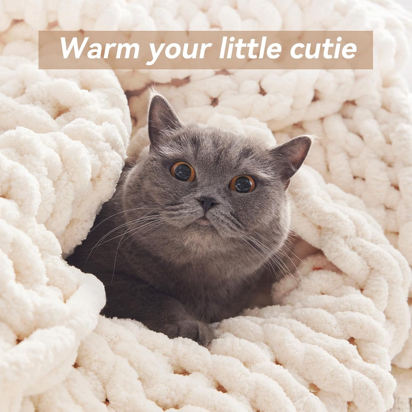 Chunky Knit Throw Blanket, 60''*80'' Knitted Throw Chenille Yarn for Bed Couch, Handmade Cream Crochet Big Thick Blanket, Machine Washable Cute Comfy Blanket for Home Decor