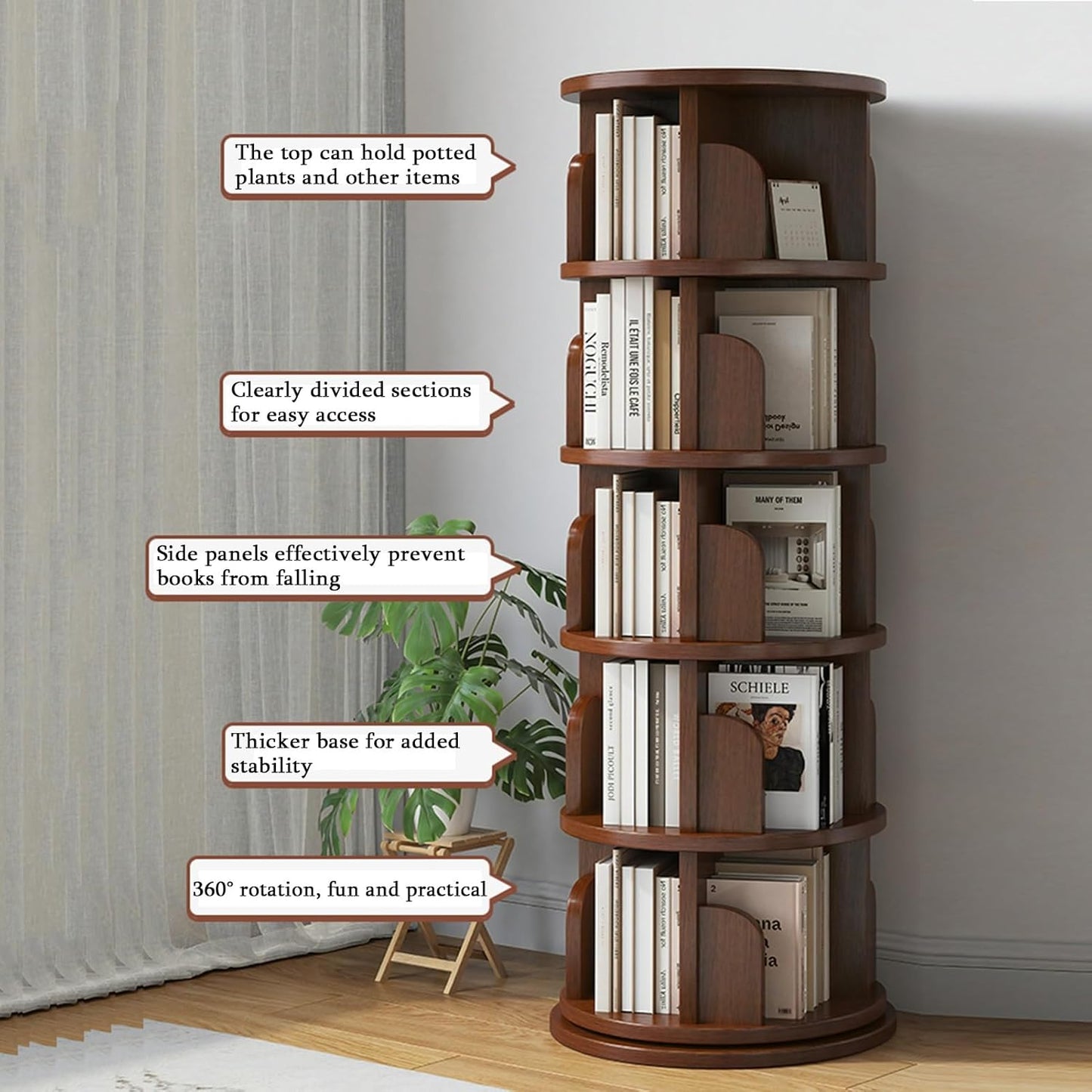 Rotating Bookshelf Tower, 360° Display 3/4/5 Tier Floor Standing Bookcase Storage Rack for Small Spaces - Corner Bookshelf for Bedroom, Living Room, and Study