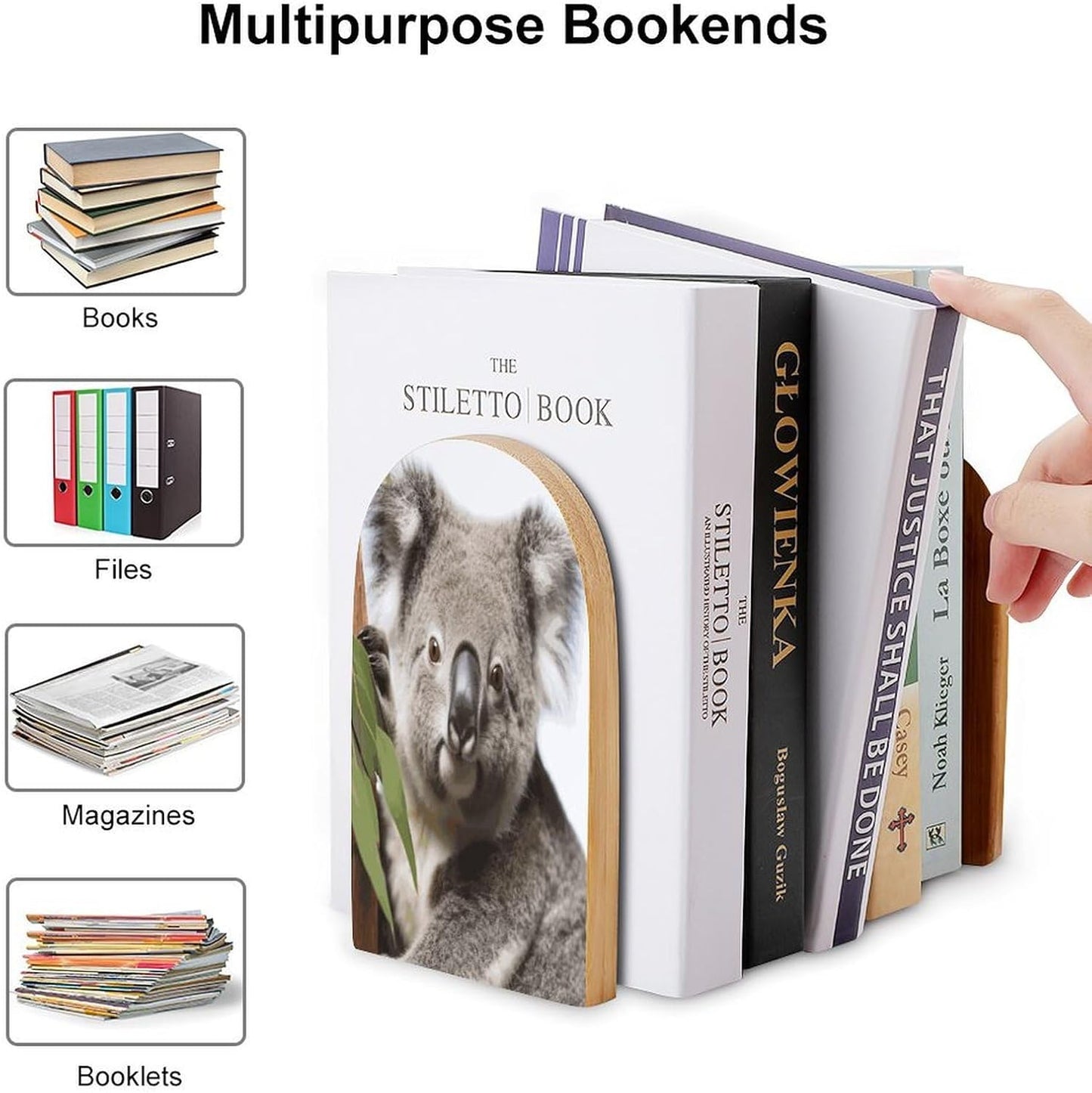 Koala Bear Bookend for Shelves Wooden Book End Large Size Sturdy Book Holders Stoppers with Metal Base for Bookshelves Slick Decorative Bookends Stands