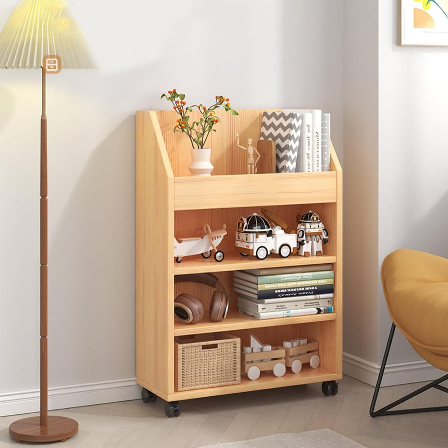 Book Shelf, Wooden Creative Bookcase Tall Bookshelf Shelf Open Display Shelves Book Storage Organizer for Living Room Floor Standing Office Bookshelf Movable 360° Rotation Children Bookcase