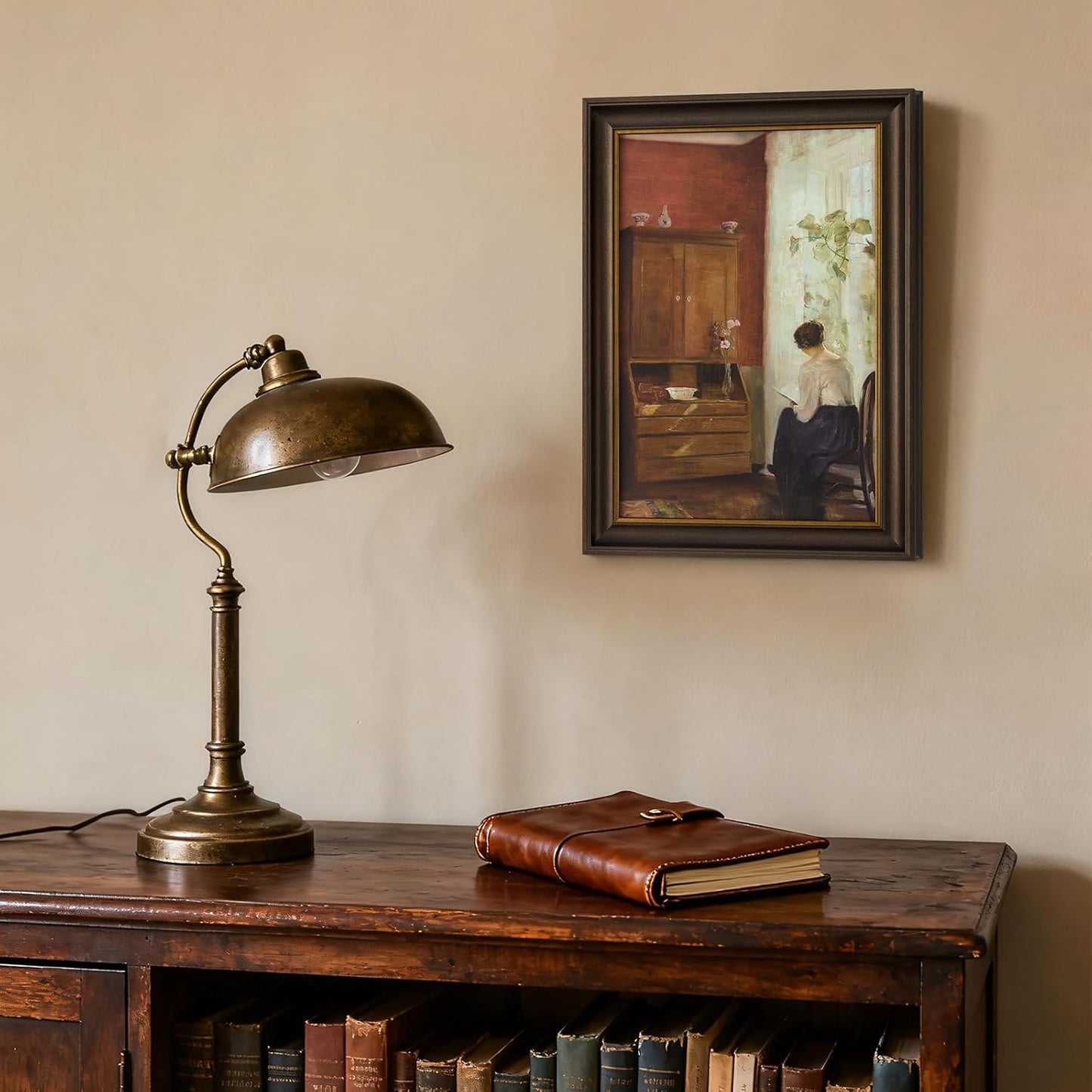 Vintage Gold Framed Canvas Book Wall Art, Woman Reading by Window, Rustic Gold Framed Canvas Prints Oil Painting Pictures, Farmhouse Room Decor for Bedroom Study Room Dorm,Gift for Book Lovers,8x12 Vintage Art Print