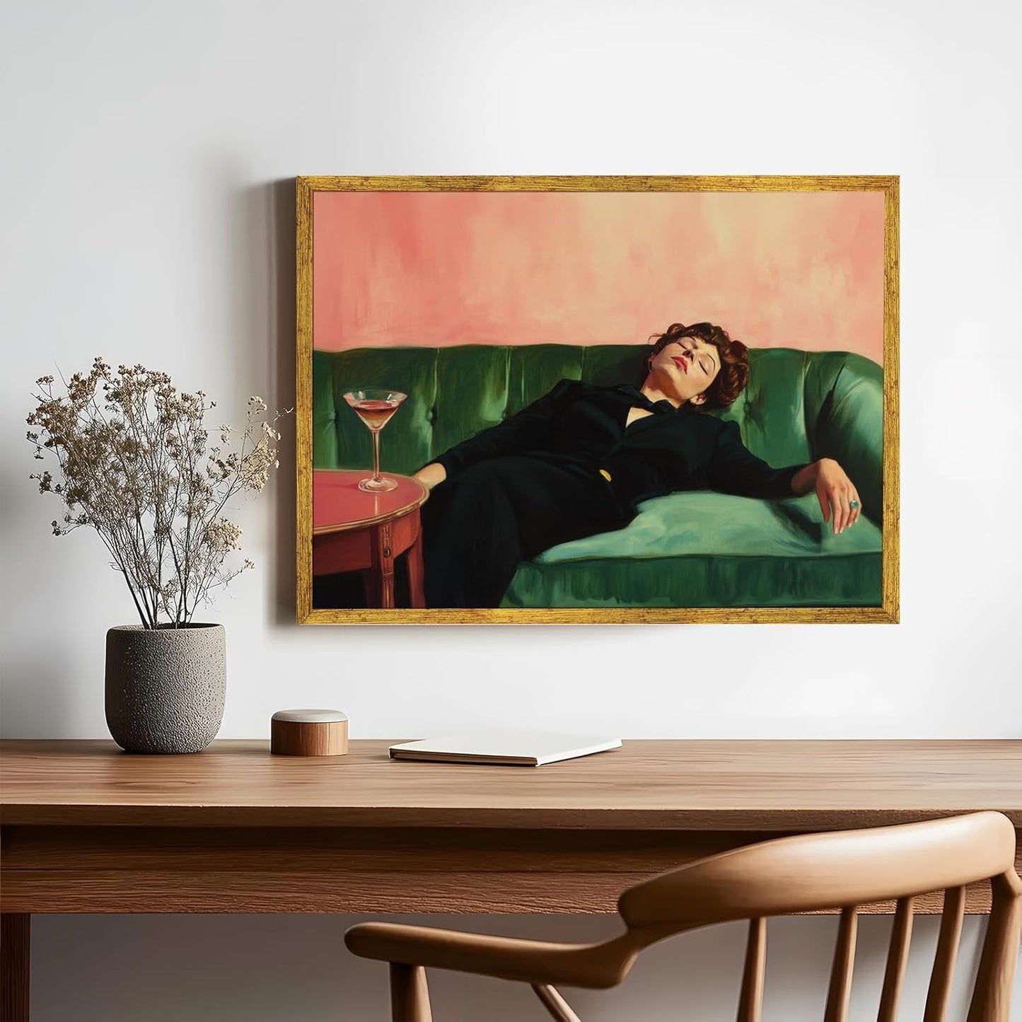 Woman Drinking Glass of Martini Wall Art Print Woman Sitting on The Green Sofa Painting Pictures Retro Female Portrait Poster Trendy Cocktail Alcohol Artwork for Kitchen Bar 8x12inch Golden frame