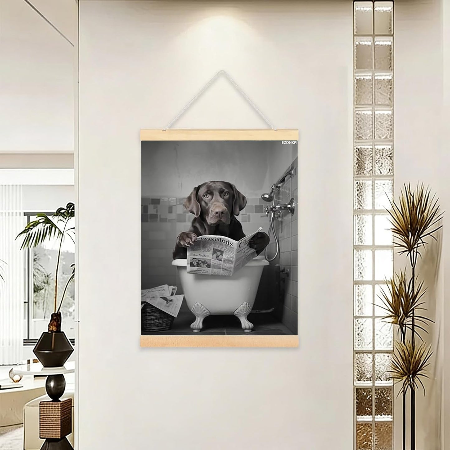 Retro Chocolate Retriever Bathroom Wall Art Print Reading Lab in Bathtub Quirky Toilet Humor Poster Aesthetic Posters for Living Room Bedroom Home Decor Framed 24x36 Inch
