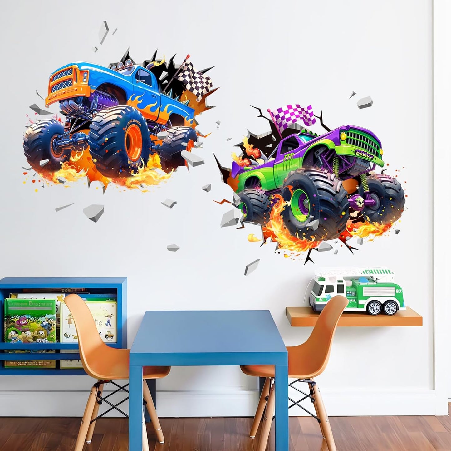 3D Racing Car Wall Decals, Truck Vehicles Wall Stickers Ball Games Peel and Stick Decal Self Adhesive Sticker for Boys Kids Room Home Decor
