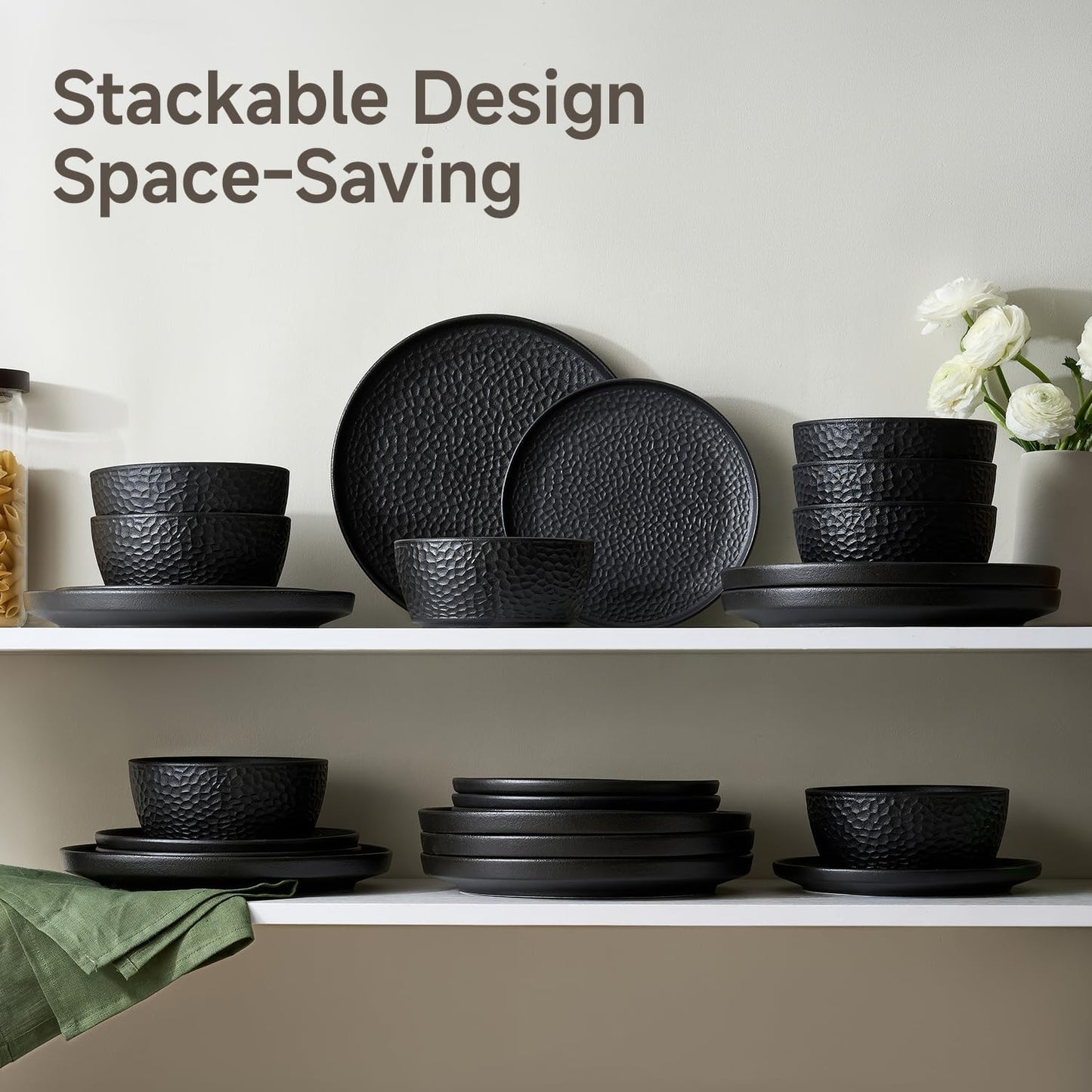 KINGSTONE Ceramic Dinnerware Set, 18-Piece Porcelain Plates and Bowls Set for 6, Matte Black or White, Hammered Texture, Microwave, Dishwasher & Oven Safe, Perfect for Home, Weddings & Gifts
