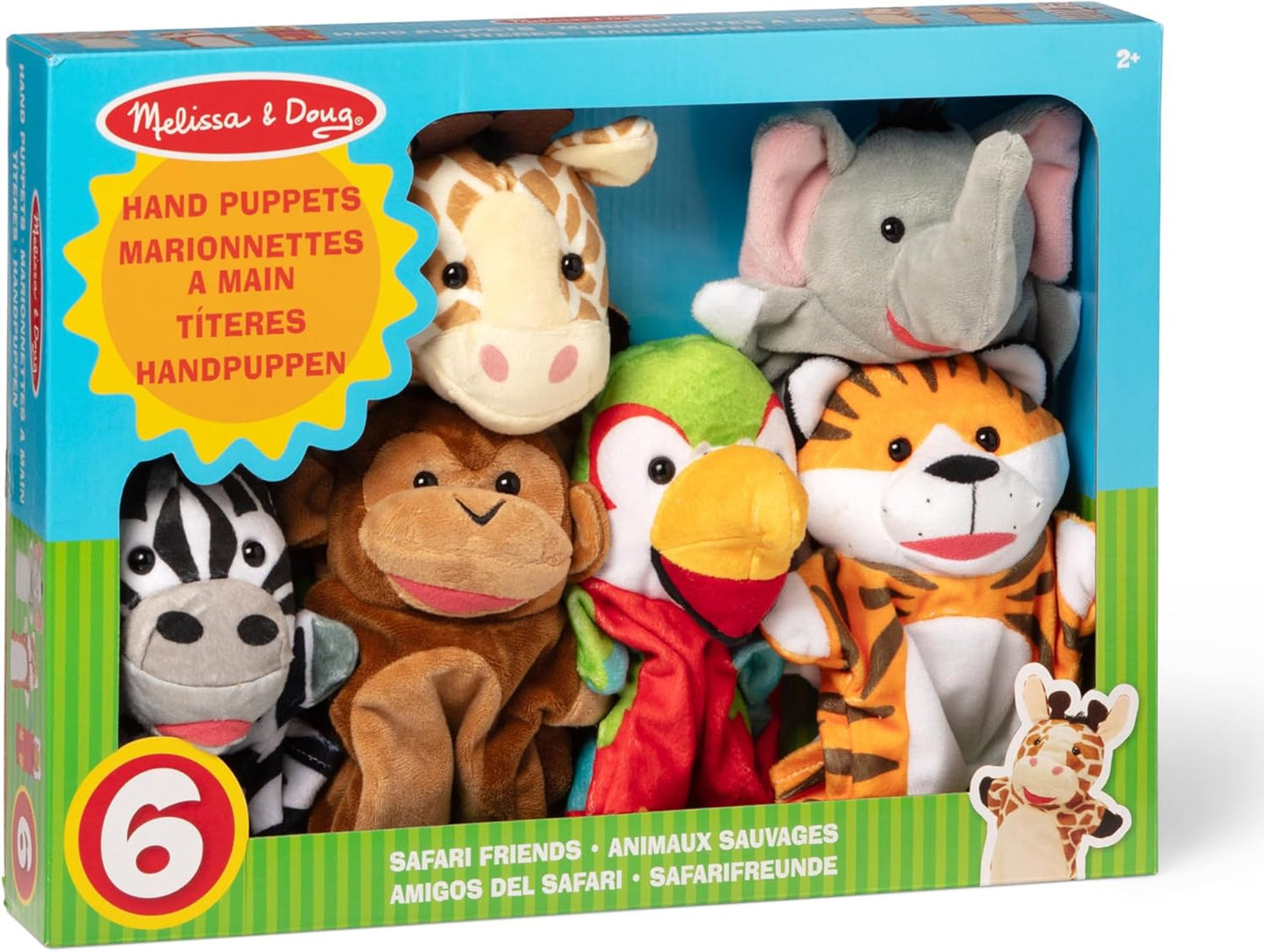 Melissa & Doug Safari Buddies Hand Puppets, Set of 6 (Elephant, Tiger, Parrot, Giraffe, Monkey, Zebra) Soft, Plush Puppet, Stuffed Animals, Pretend Play Toddler Toys for Girls & Boys 2+