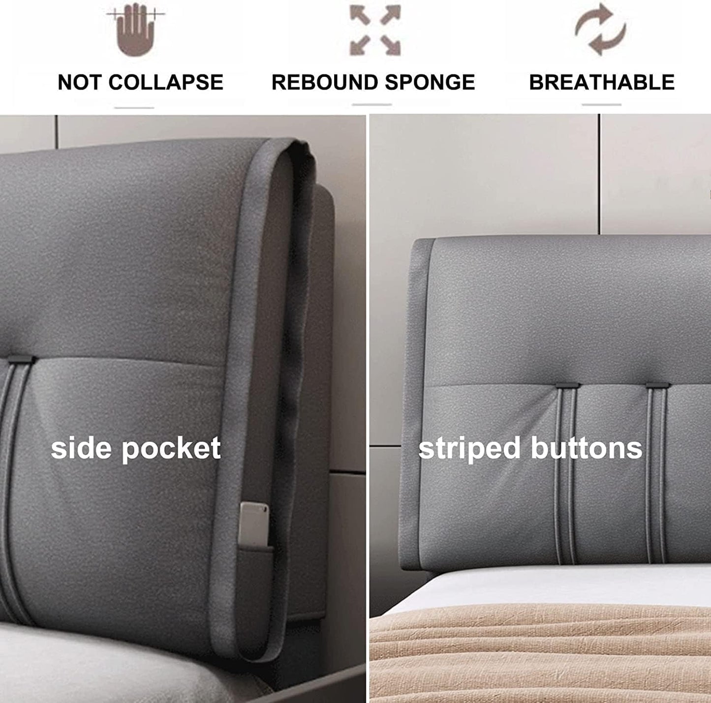 King Size Upholstered Wedge Pillow Support Backrest Cushion,Bedside Headboard Cushion Reading Pillow Removable Cover(Size:No headboard 78.7"/200cm,Color:B)