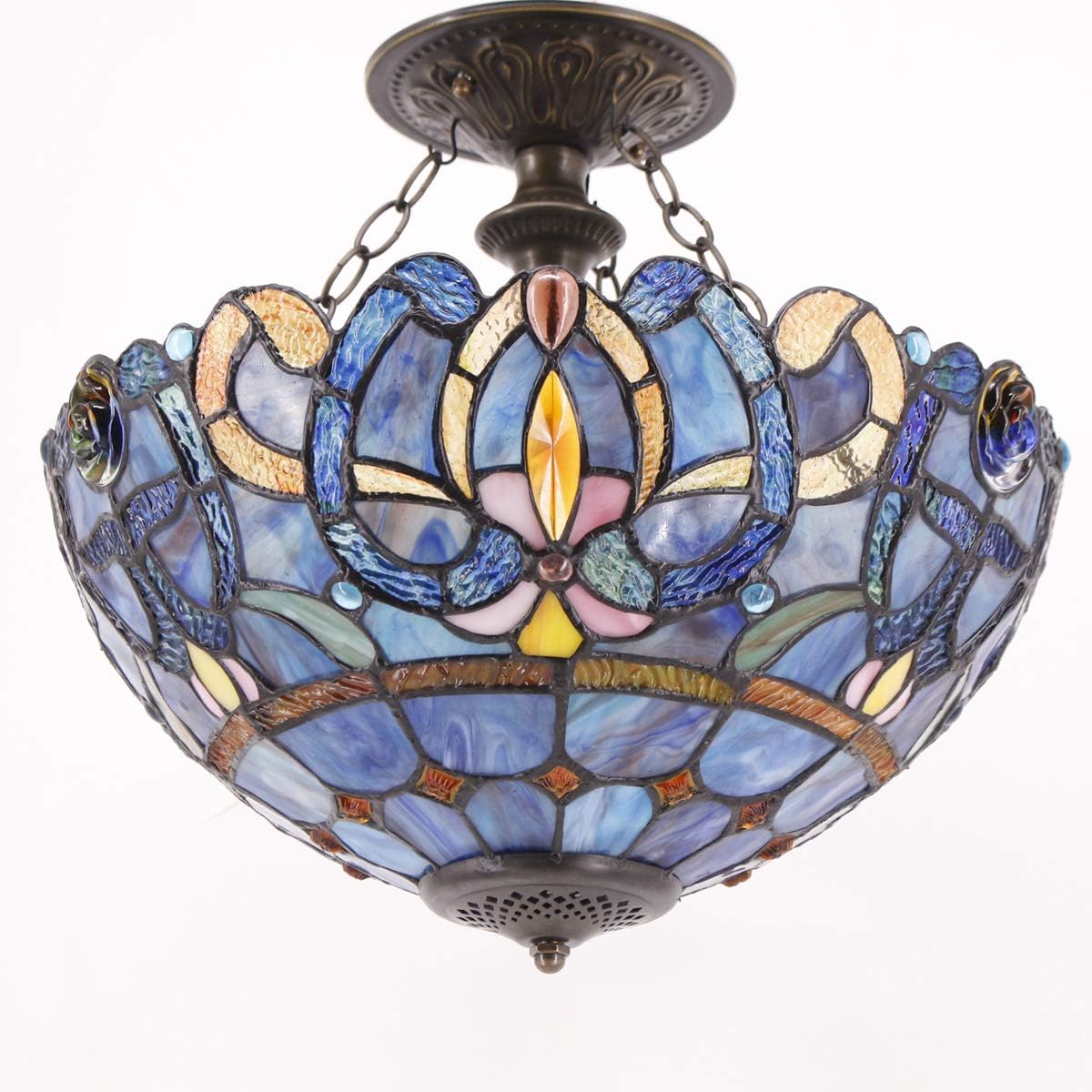 WERFACTORY Tiffany Ceiling Light Fixture Blue Purple Cloudy Stained Glass Semi Flush Mount Lamp Wide 16 Inch Height 15 Inch Tiffany Ceiling Lamp S558 Series