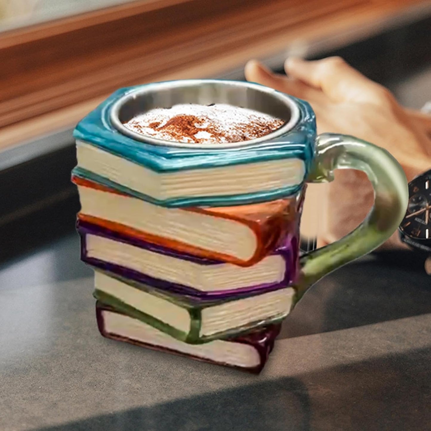 Book Mug - Painted Book Stack Cup for Readers | Novelty Resin Coffee Tea Drinking Container with Literature Inspired Design & Comfortable Handle for Home Use, Office Desk, Gift Giving