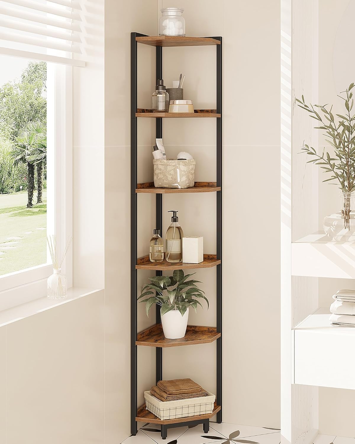 Corner Shelf Stand, Corner Bookshelf, Storage Standing Shelf Unit with Metal Frame, Plant Stand, Bookcase for Living Room, Home Office, Bedroom, 6-Tier Rustic Brown CS06001B