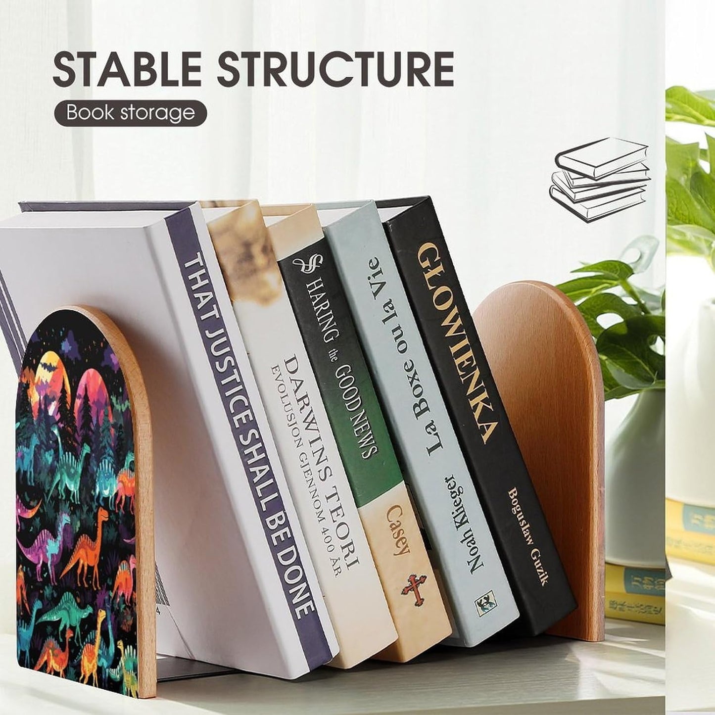 Non-Slip Bookend for Shelves Colorful Dinosaurs on Black Background Wooden Bookends with Metal Base Decorative Book Stopper for Home Heavy Duty Wood Book Storage for Books/CDs