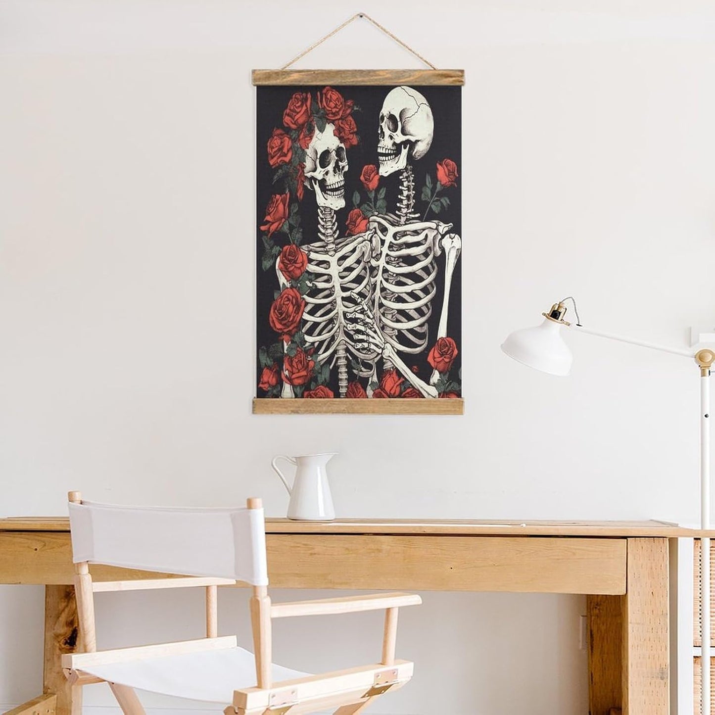 Vintage Rose And Skeleton Poster with Wooden Frame Personalized Linen Hanging Scroll Painting Rustic Wall Hanging Illustrative Modern Artwork Decor for Home Living Room Bedroom Office