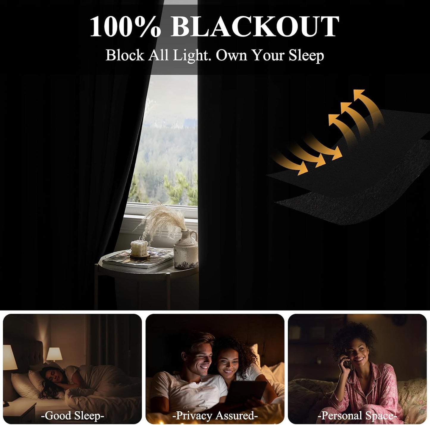RYB HOME 100% Blackout Room Divider Curtain, Thermal Insulated&Privacy Assurd Extra Wide Curtain for Bedroom/Sliding Door, Back Tab&Rod Pocket Drape with Hooks for Ceiling, W100xL84, Black, 1 Panel