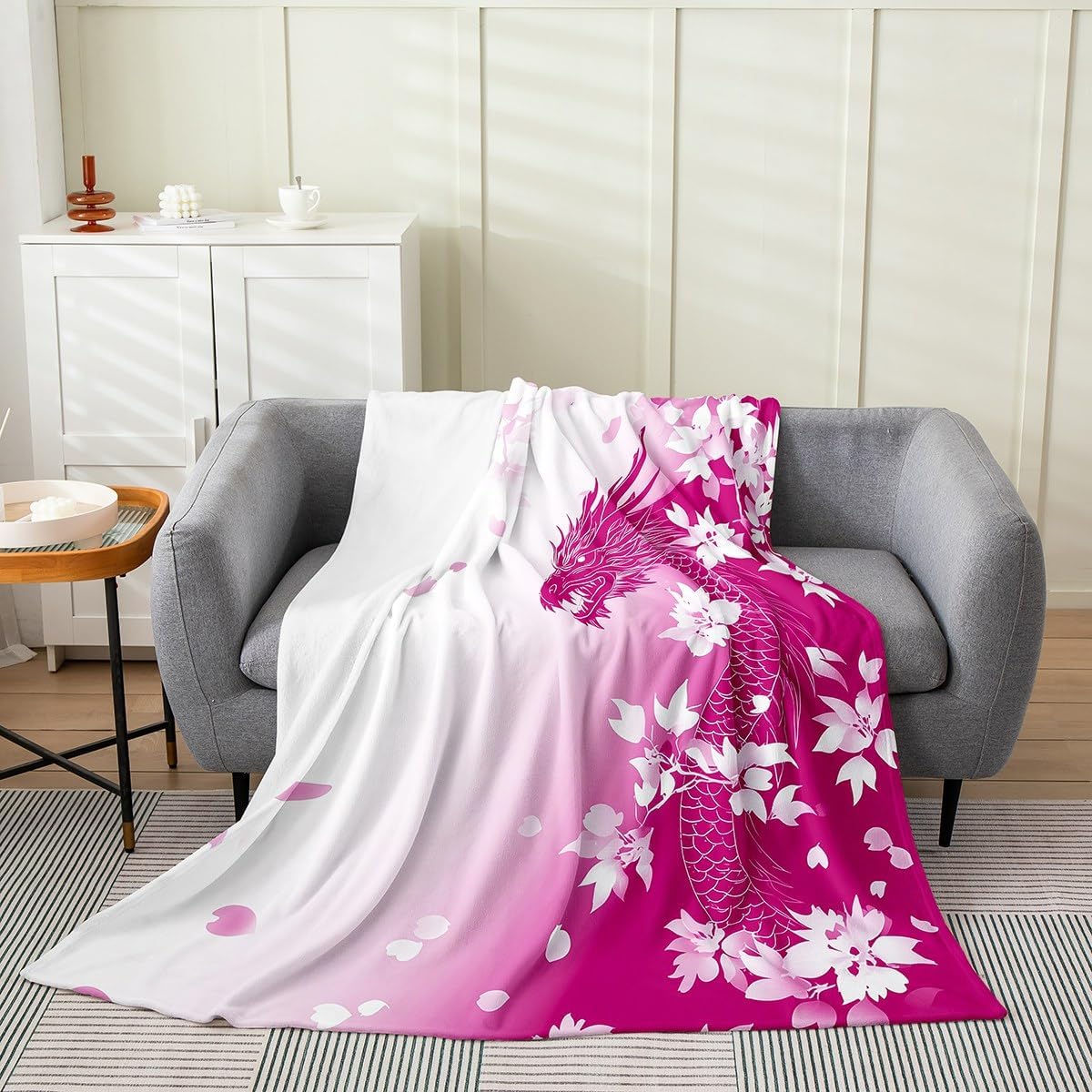 Erosebridal Pink Fantasy Dragon Blanket Twin 60x80 Pink White Gradient Princess Throw Blanket for Kids Girls Teen,Magical Wildlife Animal Pattern Dreamy Aesthetic Cherry Blossom Decor,Luxury Soft
