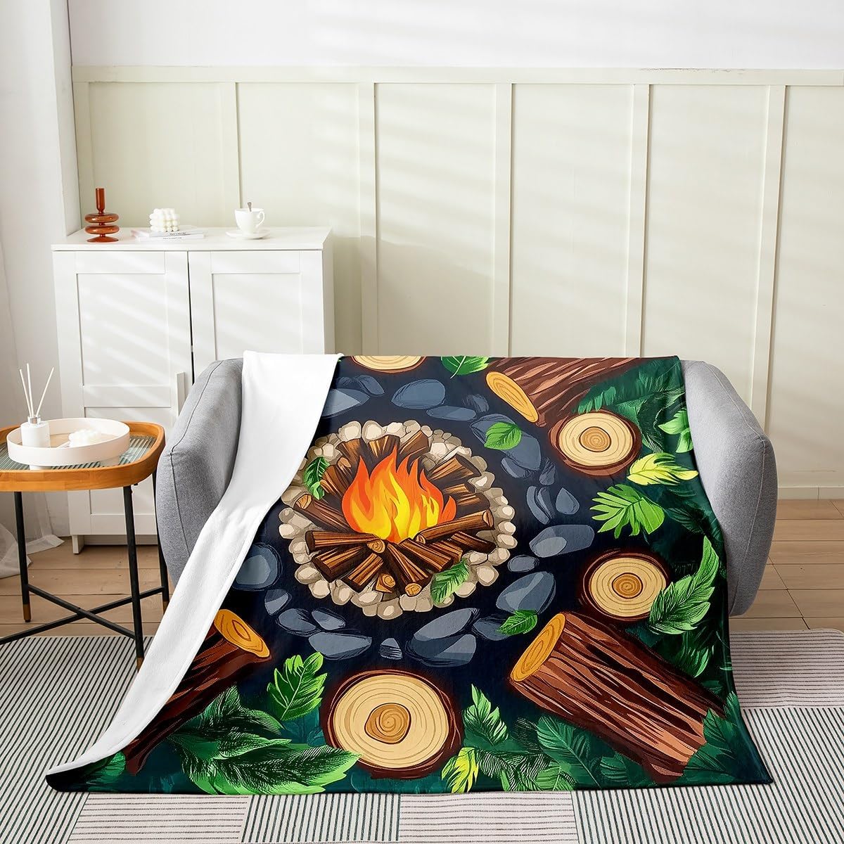 Erosebridal Campfire Fleece Throw Blanket Queen Inch Tree Stump Flannel Blanket Kids Fun Green Luxury Soft Woodland Stones Cartoon Lightweight Room Decor
