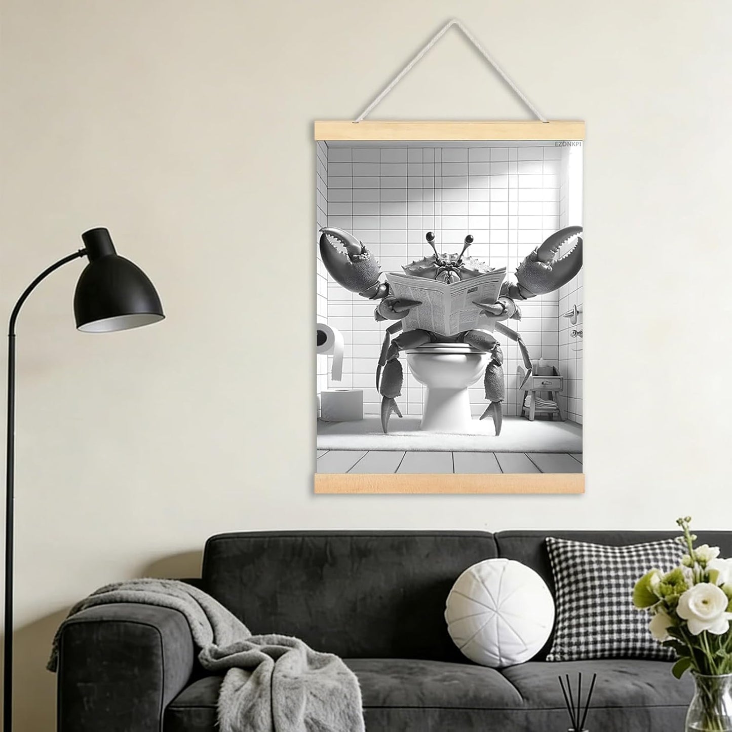 Funny Crab Art Mural Crab Reading Newspaper in the Toilet Black-and-White Bathroom Wall Decor Framed 24x36 Inch
