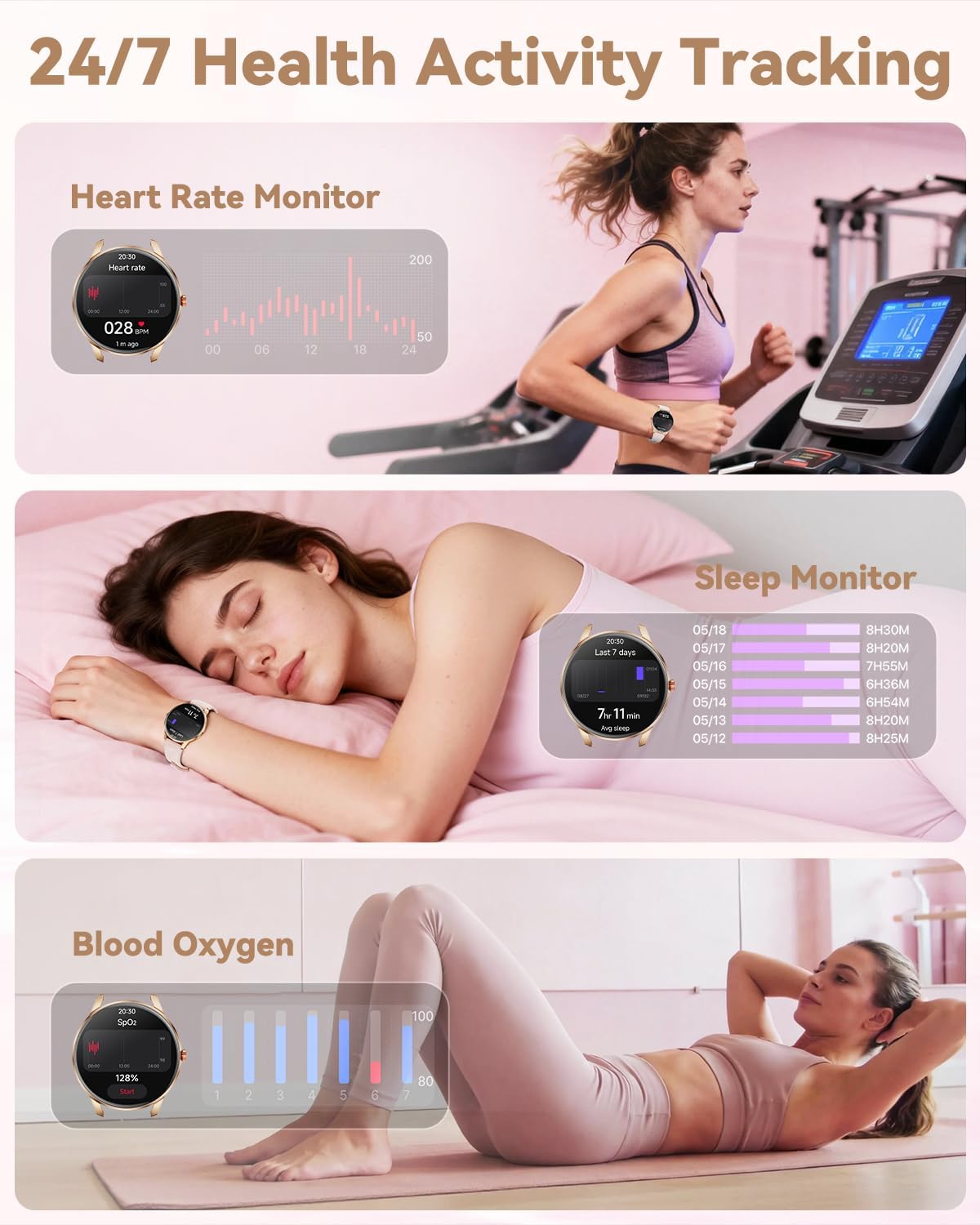 Smart Watch for Women Android/iPhone, 1.32" AMOLED Screen Smartwatch with Answer/Make Call/Fitness Tracker/Heart Rate/SpO2/Sleep Monitor/110+ Sport Modes, 2 Bands
