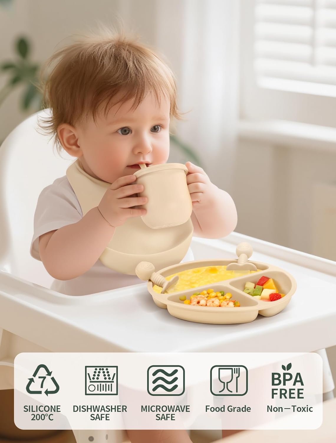 Silicone Baby Feeding Set 9 Pcs, Spill-Proof Suction Plate, Bowl, Bib, Silicone spoon&forks, Wooden Spoons&forks, Training cup with straw and Sippy Cup, Baby Eating Utensils (Beige)
